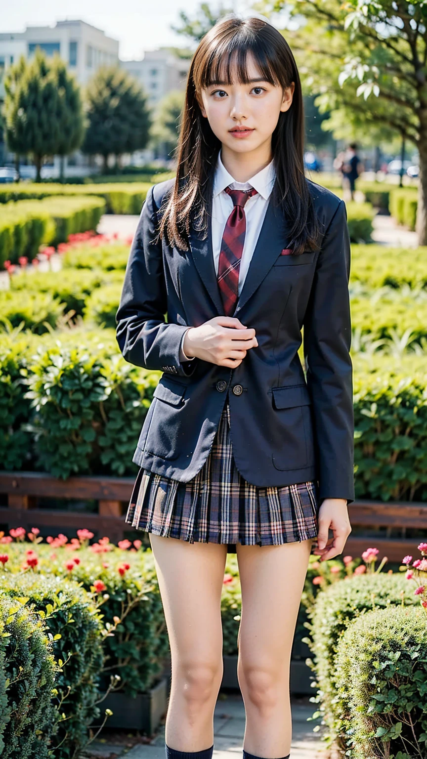 (8k、RAW Photos、 best quality 、masterpiece:1.2)、(Realistic、Realistic)、1 person、((Brown blazer、shirt、High school girl、uniform、tie、navy plaid miniskirt、Navy blue socks、 bracelet、 loafers、 stand with your hands on your lower back、whole body、garden、))、cute