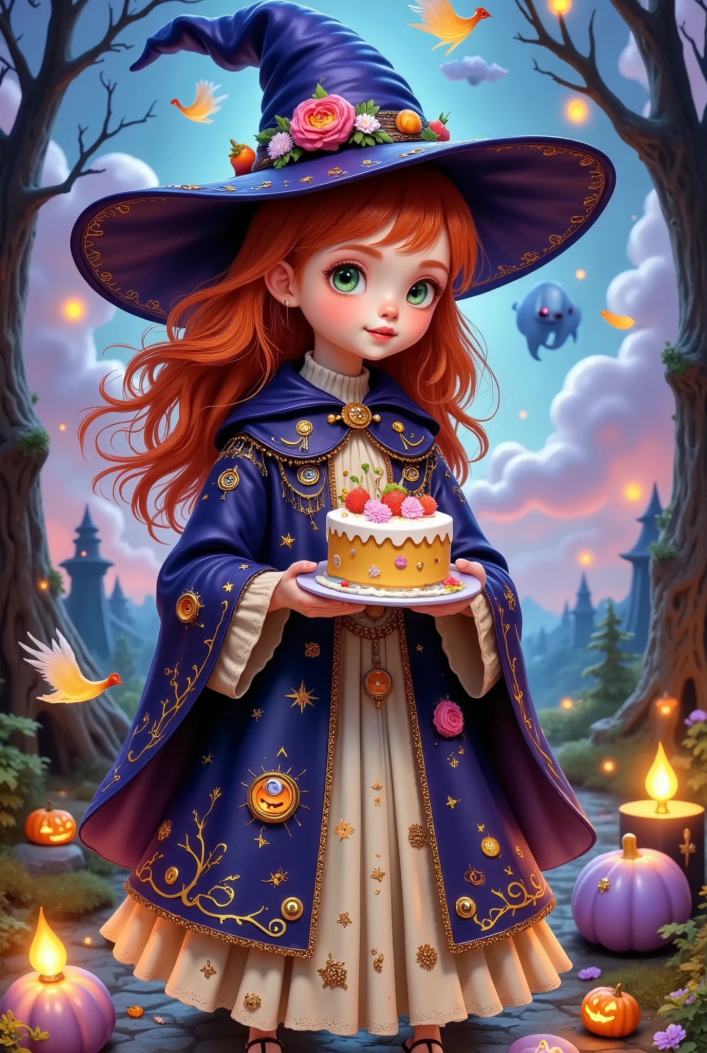 a painting of a  dressed as a witch with a cake, 耶利米·凯特纳的一幅详细画作 , tumblr, Fantasy Art, bright witch, witch girl, witch fairytale,  Halloween art style , portrait of a young witch girl, portrait of a young witch, witch, witchy, sorcerer magic witch, a witch, classical witch