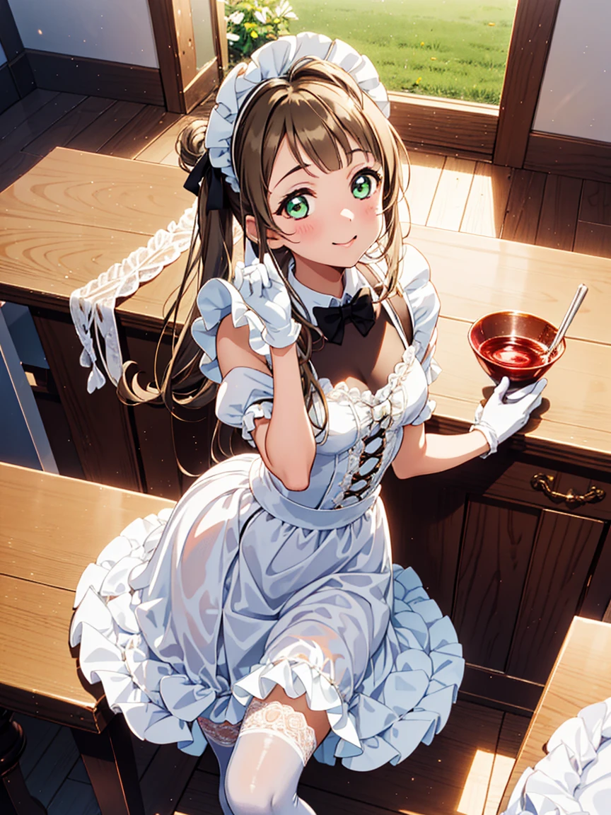 Teenage Girl，Attractions，have fun，in love，(Wearing a white modern innovative maid outfit with a small amount of underwear)，(White ruffle gloves)，Green eyes，Brown hair，Sacred headdress，Transparent lace，frill，ribbon，Dress nicely，Solitary，dining room，drinks，Dark，Beautiful face，