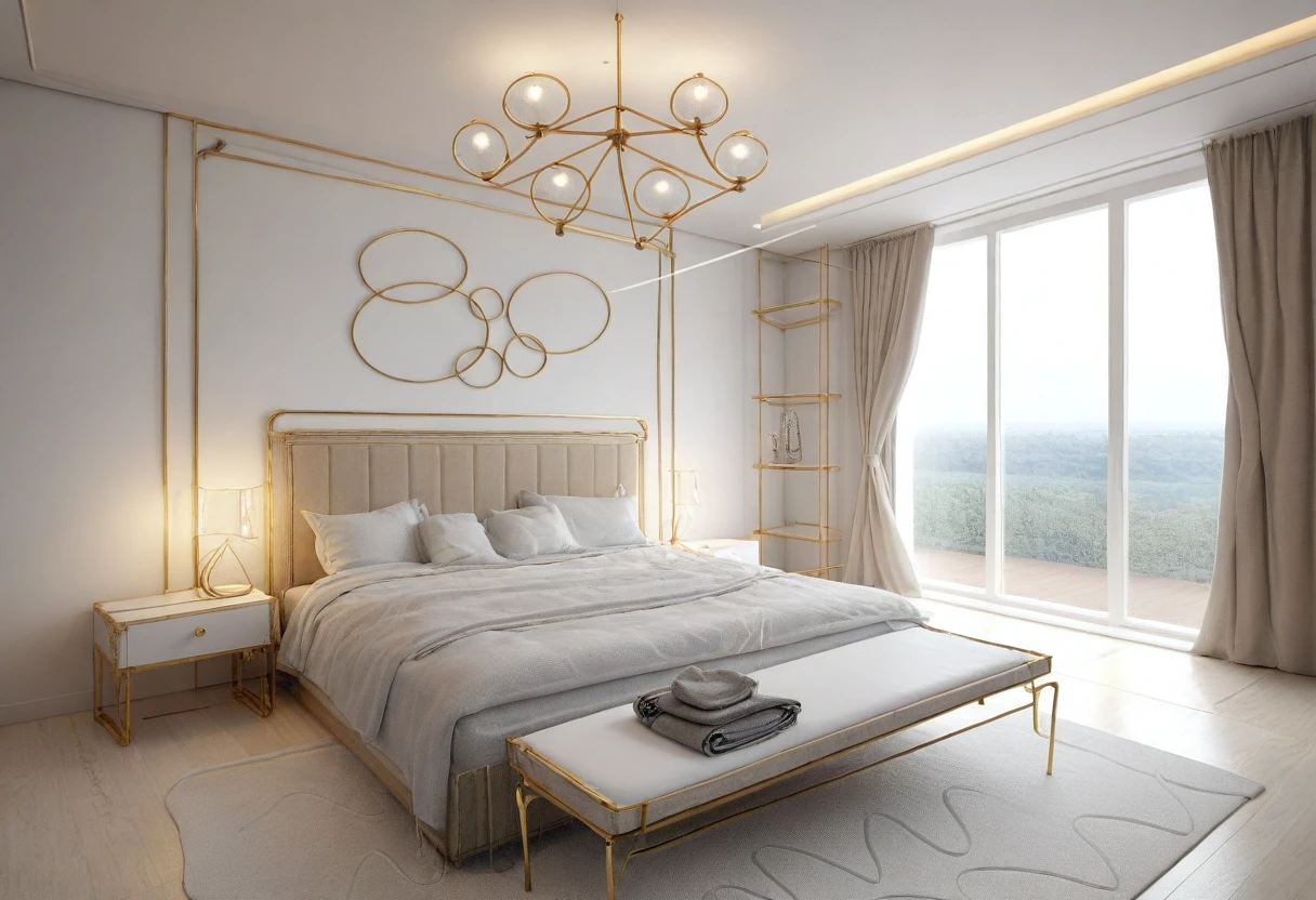 Modern bedroom design, luxurious interior, ((high resolution image, 8k, detailed anatomy of each object, rough surface, super detailed, super realistic, beautiful) spotless , surreal , spacious space , full light