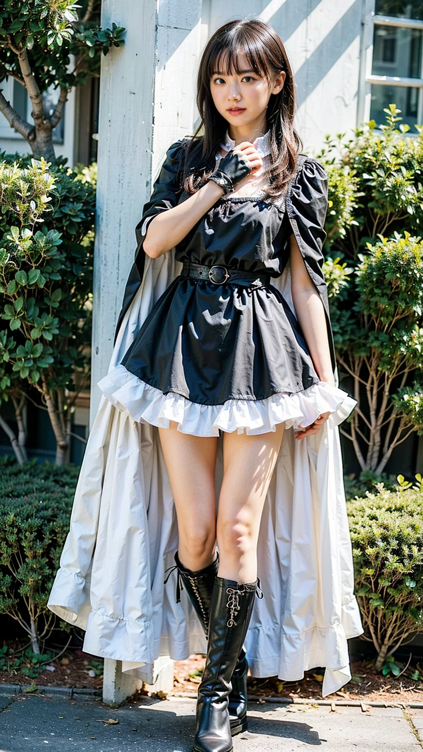 (8K、RAW Photos、Highest quality、masterpiece:1.2)、(Realistic、Realistic)、1 Girl、((black and white mini skirt、Frills、Off the shoulder、belly button、Cape、Black dress、whole body、See-through、boots、chest emphasis、whole body、garden、View from the front、Looking into the camera、Stand with hands on hips))、