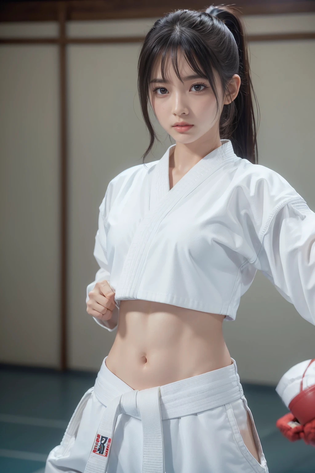 ( I can see a sports underwear )、((( sexy karate costume )))、 female karate player with bangs and ponytail、 showing belly button and lower chest 、 Shiny Skin、((Shy face))、((Turn your face ))、(( Sideways Look ))、((Blushing))、(Tears)、cry、(((karate dojo)))、(())，( masterpiece detailed original photo :1.25), ( highest quality:1.6), (  ultra-high resolution :1.5), ( actual :1.75), 8k resolution,  Canon EOS R5 , 50 mm, absurd,  looks super detailed, Nipple Stimulation  、(( sports underwear clearly visible ))、(((Pants are taken off )))、