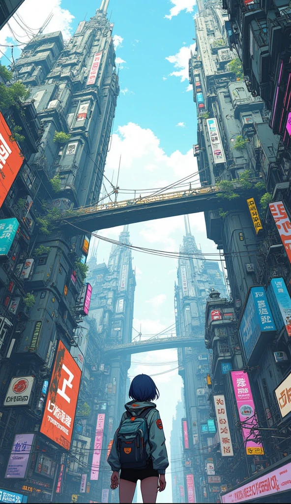 An anime-style scene in a futuristic, cyberpunk cityscape viewed from a very low angle, looking up at the towering, worn-down buildings. The buildings feature large, colorful billboards and neon signs, blending decayed urban structures with futuristic technology, some are slightly overgrown with patches of greenery. Overhead, there are interconnected bridges and wires stretching across the sky, which is bright with soft clouds. All the buildings are so tall that they disappear into the misty clouds in the sky. Among the tall buildings, at the bottom right corner of the image, stands a young girl with short, dark blue hair stands with her back to the viewer, wearing a backpack and a jacket adorned with patches. She gazes upward in awe, overwhelmed by the towering structures. The scene is full of vibrant colors and detailed line work, typical of anime-inspired art.