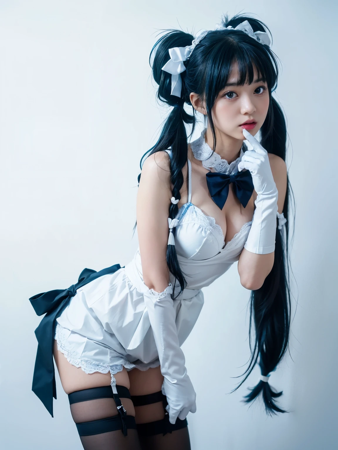 realistic, keep clothes, keep pose, keep colors, keep shadows ,hestia, blue eyes, black hair, twintails,barefoot, blue bow, blue bowtie, bow, bowtie, cleavage, cleavage cutout, clothing cutout, dress, gloves, pencil dress, (rei no himo:1.5), short dress, white dress, white gloves