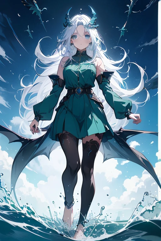 a girl, standing, show full body, 1 Character design, female, 165cm, tomboyish, spirited, water dragon, humanoid form, short blue hair, blue eyes, flowing hair, dragon motifs, blue and green clothing, barefoot, scale, reference sheet, multiple views,
