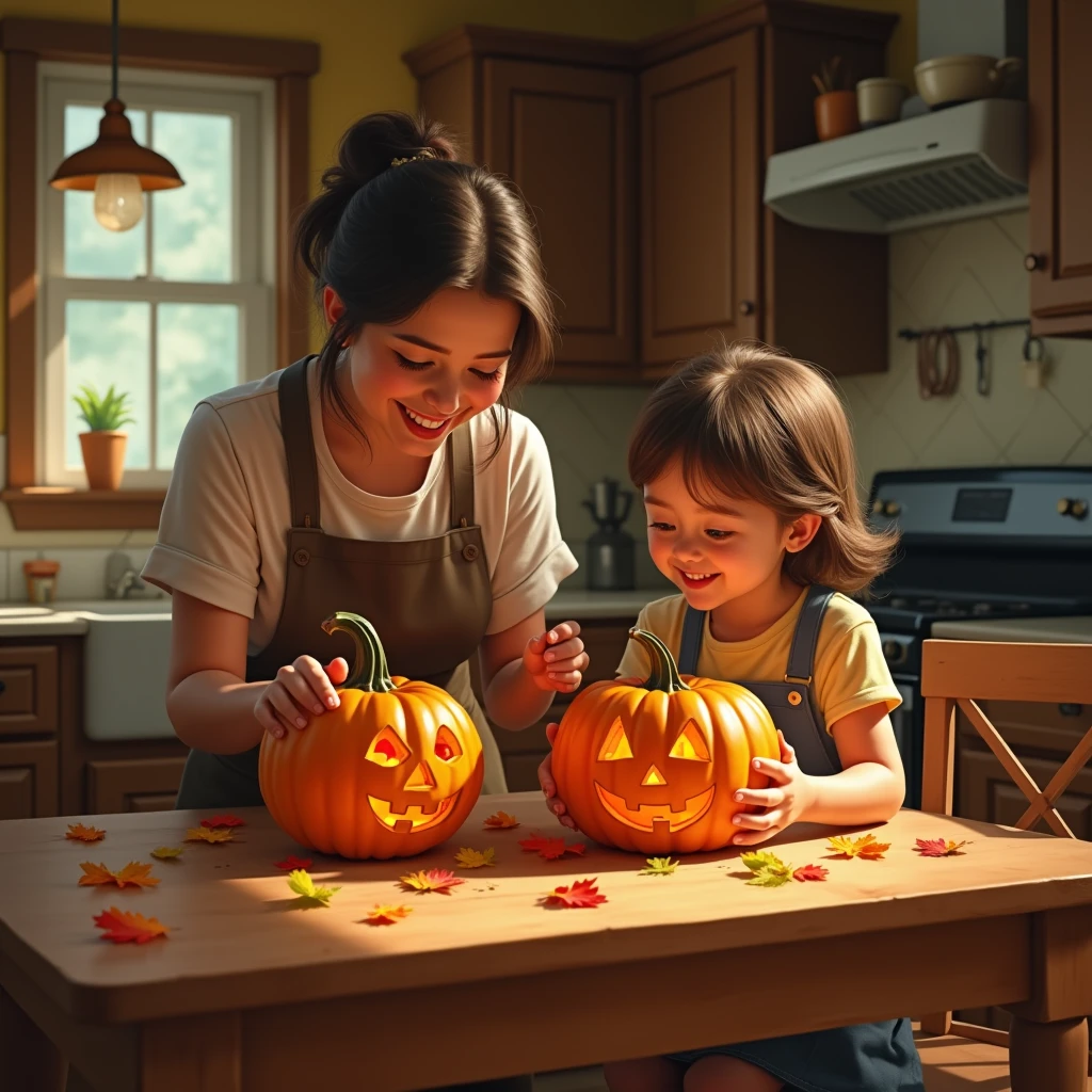  in a village house 1960s style ,USA,  mom with funny little sweet daughter,  cook Halloween pumpkins together , carve faces on them , sitting at a dining room in the kitchen in their home, documentary style ,1960s America ,photorealism, American farmhouse family 1960 ,1960s kitchen style ,  country farmhouse ,