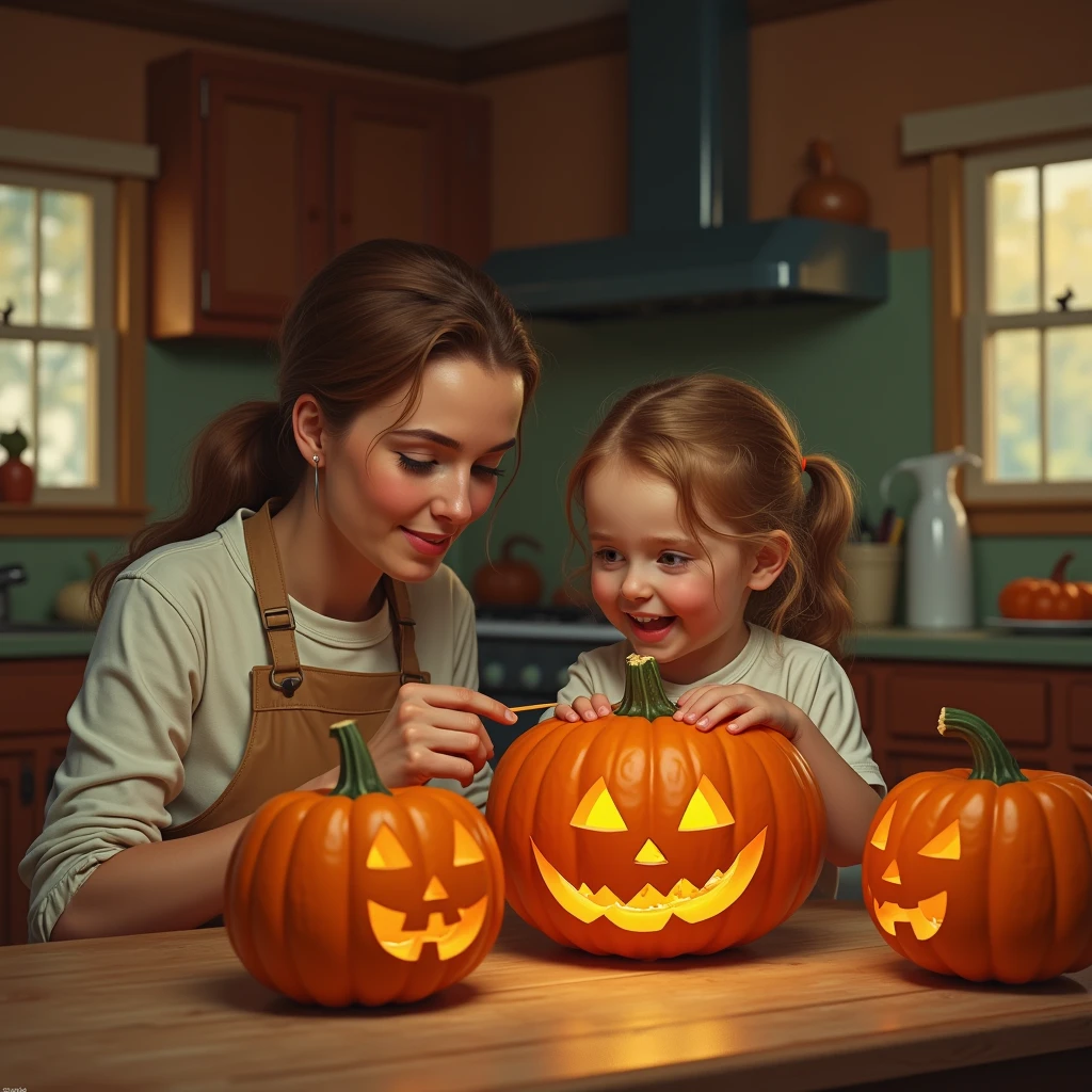  in a village house 1960s style ,USA,  mom with funny little sweet daughter,  cook Halloween pumpkins together , carve faces on them , sitting at a dining room in the kitchen in their home, documentary style ,1960s America ,photorealism, American farmhouse family 1960 ,1960s kitchen style ,  country farmhouse ,