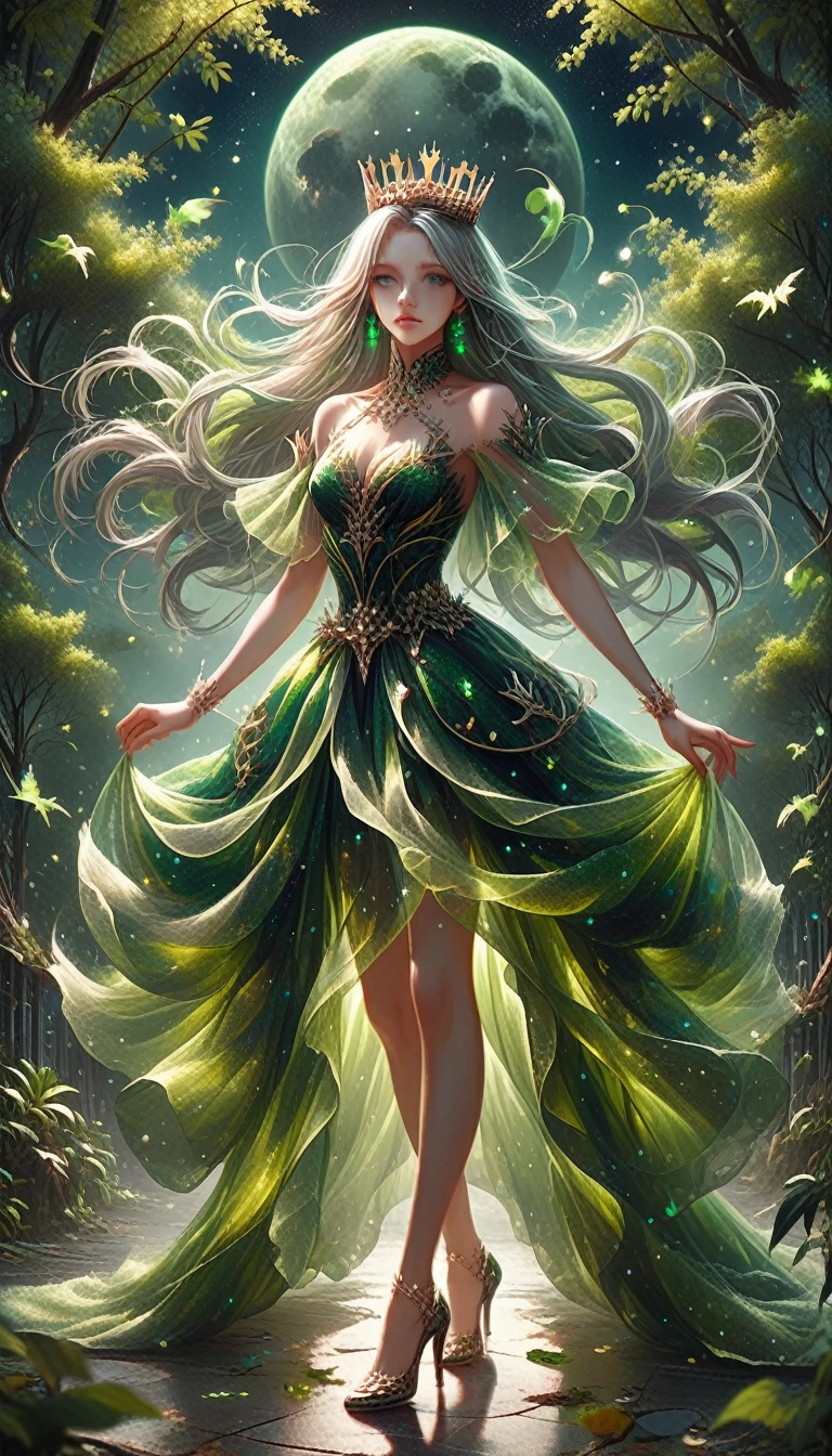 Close Up 3D anime style aesthetic wallpaper, A woman with long silver hair, blue eyes, Neon green dress, crown, high heels, dance, bright night sky, green tree, green moon, high quality, 3D anime art, Art Station, aesthetic, concept art, very fine detail, stunning, 8k resoluttion, full body shot