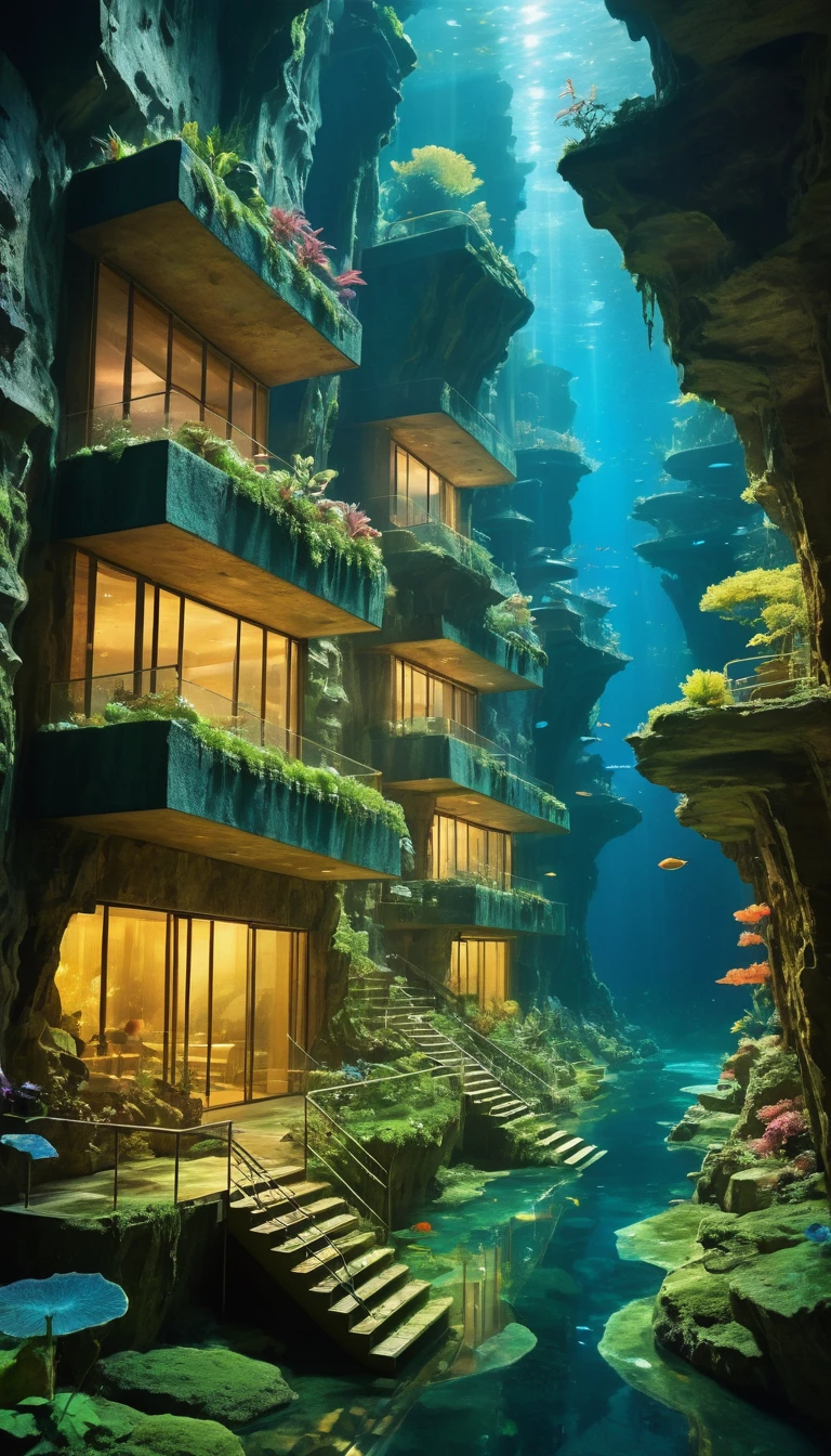 submerged city an underwater city, where buildings are made of bioluminescent coral and streets are formed by paths of seaweed that glow different colors at night. Os habitantes, a mixture of humans and marine beings, They move using underwater vehicles that imitate the mov A 4-level hotel inspired by the movie Avatar the way of water friends eating inside of lobby submerged city an underwater city, where buildings are made of bioluminescent coral and streets are formed by paths of seaweed that glow different colors awesome underwater sunny cheerful day environment concept art of Futuristic design of cave architecture interiors concept art on grand Canyon caves nature architecture, proportional,detailed, cave architecture nature meets futuristic architecture on a rainforest jungle cliff with huge waterfalls,Crepuscular rays, nature meets modern architecture in the style of Aries Moross, Rem Koolhaas,Daniel Libeskind, Jean Nouvel, Paolo Soleri,Toyo Ito and Philip Johnson with Dry brush drawing style ,Chiaroscuro village,cliff side residential area, mixed development,nature architecture,bright colors,high rise made up staircases, balconies, full of glass facades,carved from rocks, masterpiece, proportional, detailed, trending on artstation, beautiful lighting, realistic, intricate, bioluminescent