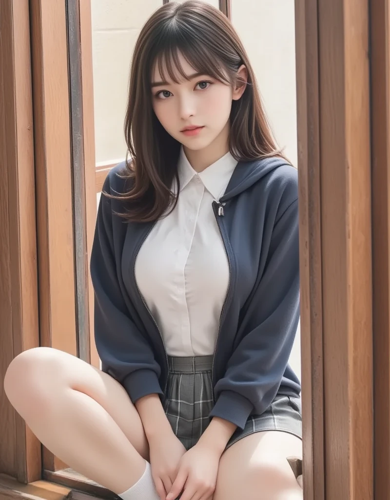 (outerwear is hoodie in soft cotton fabric, long sleeves), (zip-up:1.2),
(inner wear is a white collared-shirt), (school uniform, white shirt collar:0.8),
gray plaid pattern pleated mini skirt,
white loose socks, long socks,
black pumps, Sitting with legs crossed
