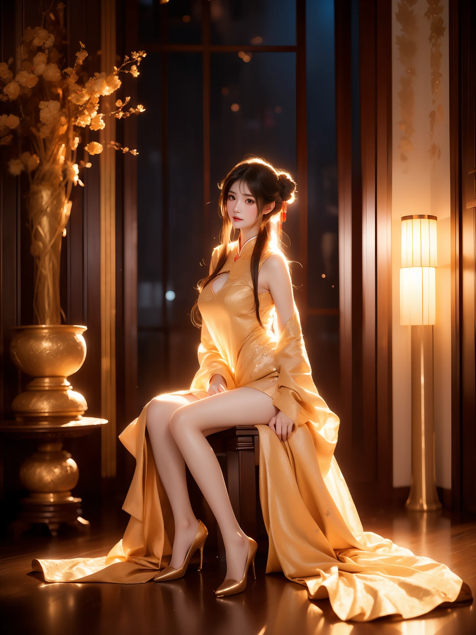 chunmei,china dress,chinese clothes, , ((full body)), (Asian beauty: 1.3), girl, solo, (toned body: 1.2) (naturally large breasts: 1.1), (visible cleavage: 0.8) (smooth flawless skin: 1.2), (perfect anatomical proportions: 1.3) (Naturally comfortable posture: 1.4) (anatomically correct legs: 1.3), (elegantly long legs: 1.3) 1.1) Hands gently lift the skirt (detailed features: 1.2), (big bright eyes: 1.1), (long eyelashes: 1.1) charming smile, gentle and confident expression Head slightly tilted long flowing hair (night scene: 1.1), (starry sky: 1.0), (space background: 0.9) (professional soft light: 1.2), (warm tone: 1.1) (Masterpiece: 1.4), (Super Detail: 1.3), (Sharp focus: 1.2) (Realistic: 1.2), (Hi-Fi: 1.1)