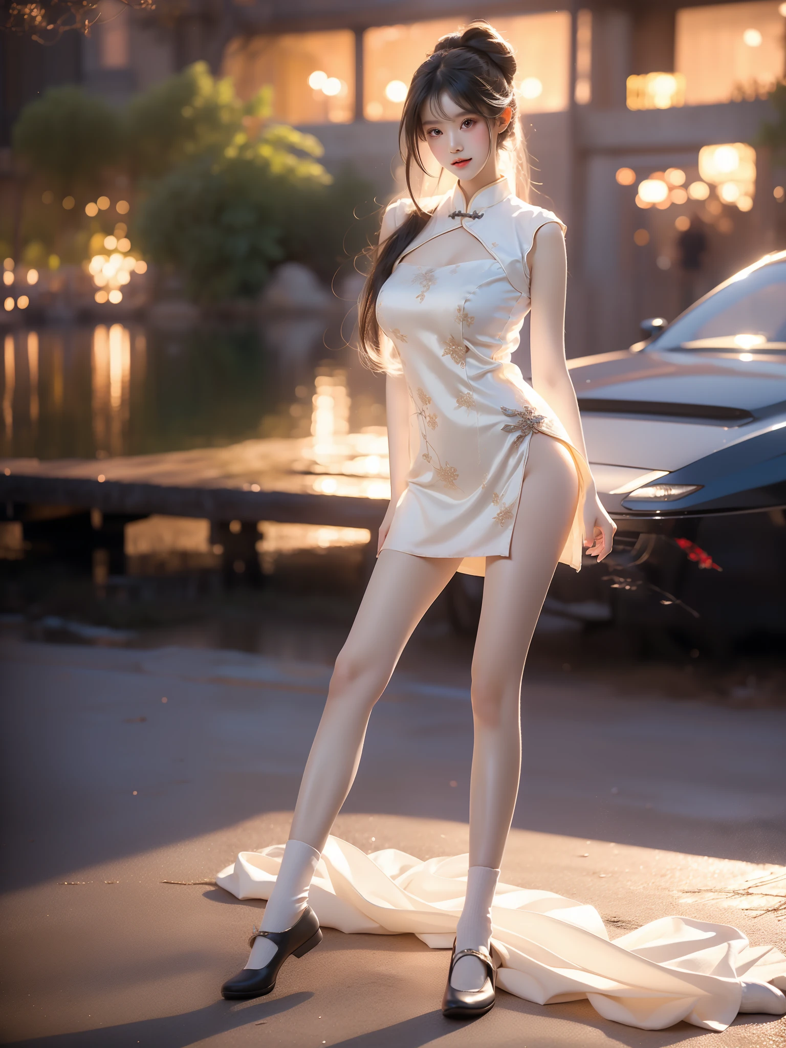 miku shaohuaqipao, chinese clothes,very long hair, twintails,clothing cutout, socks, loafers, , ((full body)), (Asian beauty: 1.3), girl, solo, (toned body: 1.2) (naturally large breasts: 1.1), (visible cleavage: 0.8) (smooth flawless skin: 1.2), (perfect anatomical proportions: 1.3) (Naturally comfortable posture: 1.4) (anatomically correct legs: 1.3), (elegantly long legs: 1.3) 1.1) Hands gently lift the skirt (detailed features: 1.2), (big bright eyes: 1.1), (long eyelashes: 1.1) charming smile, gentle and confident expression Head slightly tilted long flowing hair (night scene: 1.1), (starry sky: 1.0), (space background: 0.9) (professional soft light: 1.2), (warm tone: 1.1) (Masterpiece: 1.4), (Super Detail: 1.3), (Sharp focus: 1.2) (Realistic: 1.2), (Hi-Fi: 1.1)