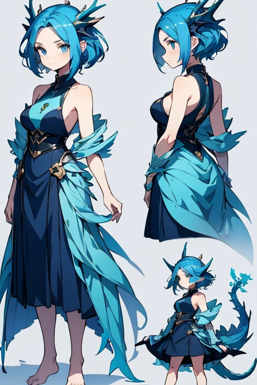 a girl, standing, show full body, 1 Character design, female, 165cm, tomboyish, spirited, water dragon, humanoid form, short blue hair, blue eyes, flowing hair, dragon motifs, blue and green clothing, barefoot, scale, reference sheet, multiple views,
