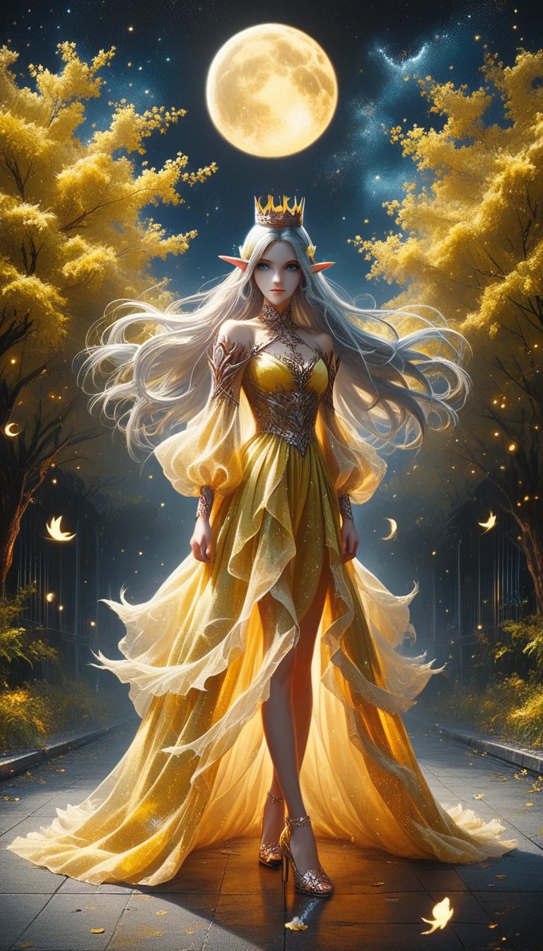 Close Up 3D anime style aesthetic wallpaper, A elf woman with long silver hair, blue eyes, Neon yellow dress, crown, high heels, bright night sky, yellow tree, yellow moon, high quality, 3D anime art, Art Station, aesthetic, concept art, very fine detail, stunning, 8k resoluttion, full body shot.