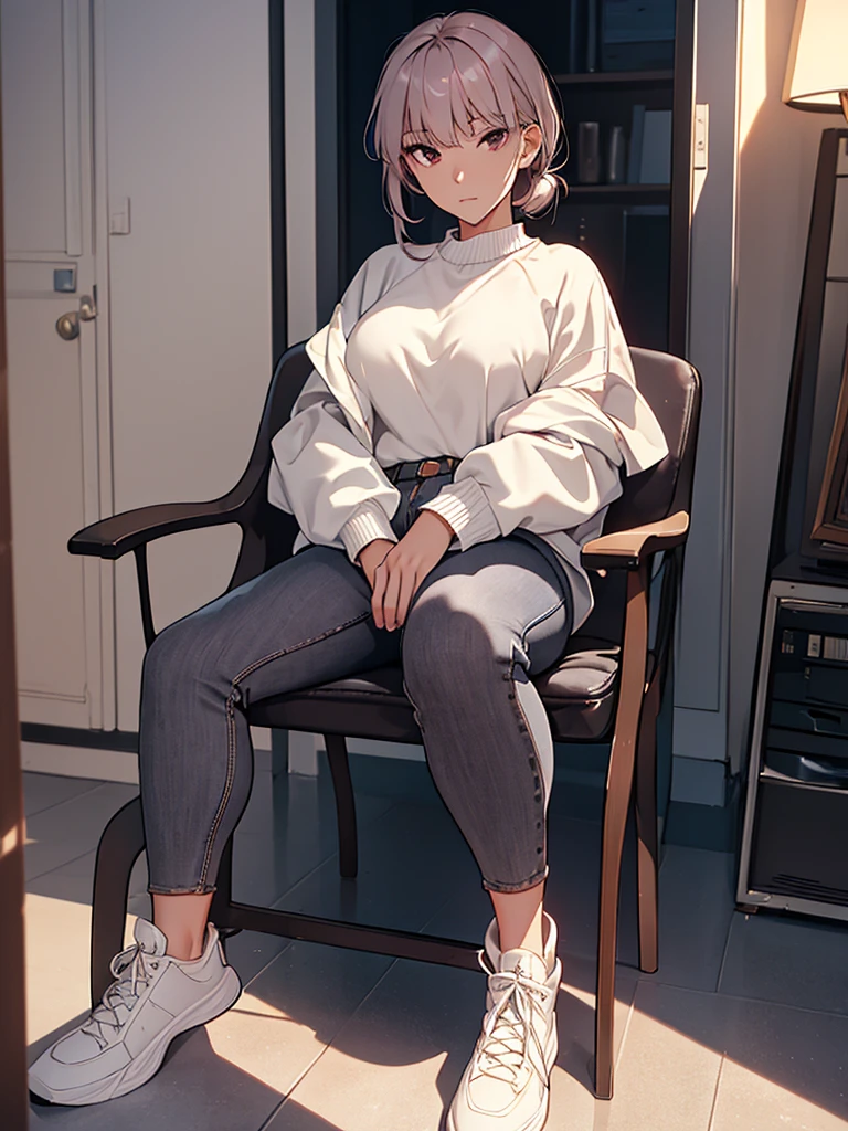 (​masterpiece, top-quality, hight resolution, Unity 8k, extremely details CG:1, Best Picture), Colour picture, "A woman dressed in casual, everyday clothes, sitting on a chair in a simple, well-lit room. She wears a comfortable sweater, jeans, and sneakers—perfectly ordinary, like anyone you’d see on the street. However, there’s a subtle, alluring quality about her; perhaps it's the way her sweater clings to her body, or the way she sits, her posture slightly too inviting. Her makeup is understated but enhances her natural beauty, and her gaze is calm yet subtly suggestive, hinting that despite her ordinary appearance, she is not just any woman."