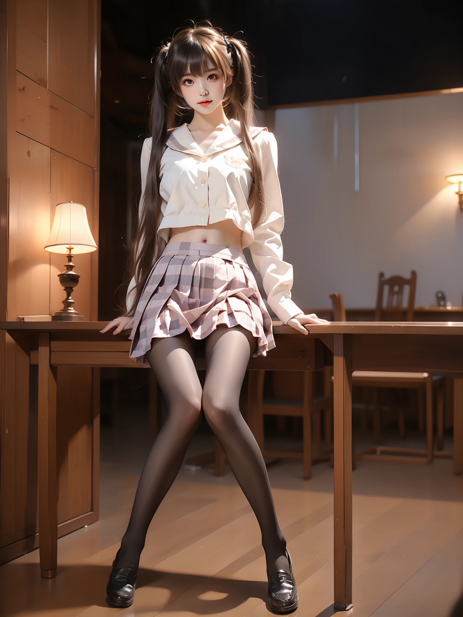 kasugano sora, 1girl, solo, cosplay,
hair ribbon, school uniform,serafuku,sailor collar, long sleeves,plaid skirt, pleated skirt, pantyhose,pink plaid,loafers,
grey hair, twintails, long hair,bangs, ahoge, ((full body)), (Asian beauty: 1.3), girl, solo, (toned body: 1.2) (naturally large breasts: 1.1), (visible cleavage: 0.8) (smooth flawless skin: 1.2), (perfect anatomical proportions: 1.3) (Naturally comfortable posture: 1.4) (anatomically correct legs: 1.3), (elegantly long legs: 1.3) 1.1) Hands gently lift the skirt (detailed features: 1.2), (big bright eyes: 1.1), (long eyelashes: 1.1) charming smile, gentle and confident expression Head slightly tilted long flowing hair (night scene: 1.1), (starry sky: 1.0), (space background: 0.9) (professional soft light: 1.2), (warm tone: 1.1) (Masterpiece: 1.4), (Super Detail: 1.3), (Sharp focus: 1.2) (Realistic: 1.2), (Hi-Fi: 1.1)