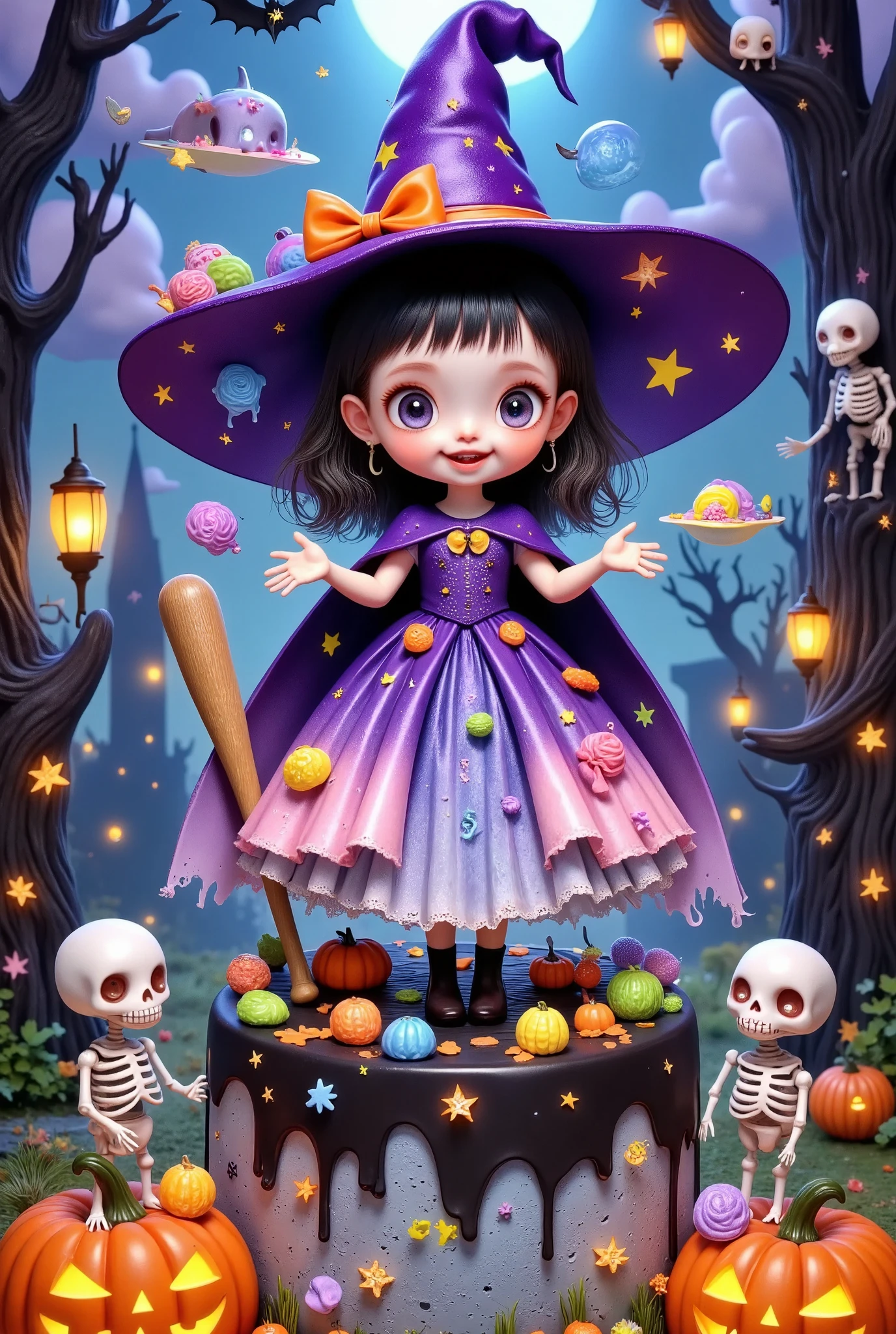 A cute little witch in a princess dress standing on a cake, holding a baseball bat, candy , lively, skeletons, mummies, spooky halloween , pumpkins, jack-o-lanterns, bats, cobwebs, moonlight, haunted house, haunted forest, ghosts, dark magic, colorful, vibrant, (best quality,4k,8k,highres,masterpiece:1.2),ultra-detailed,(realistic,photorealistic,photo-realistic:1.37),digital painting, hyper detailed, dramatic lighting, intricate details, vivid colors, warm tones