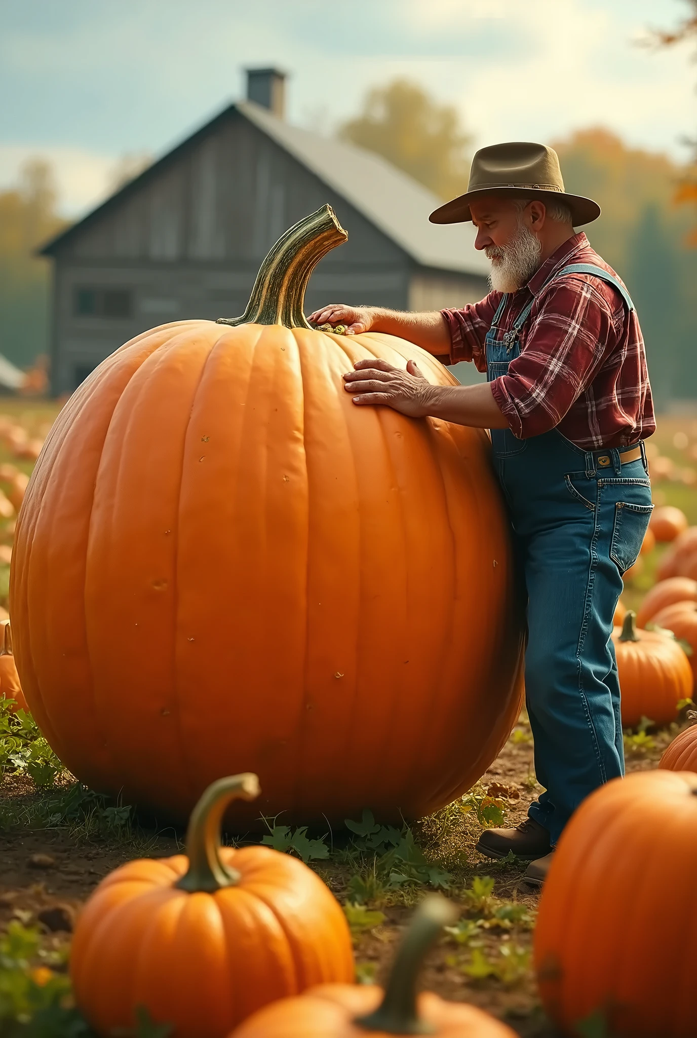 Jumbo pumpkin and farmer