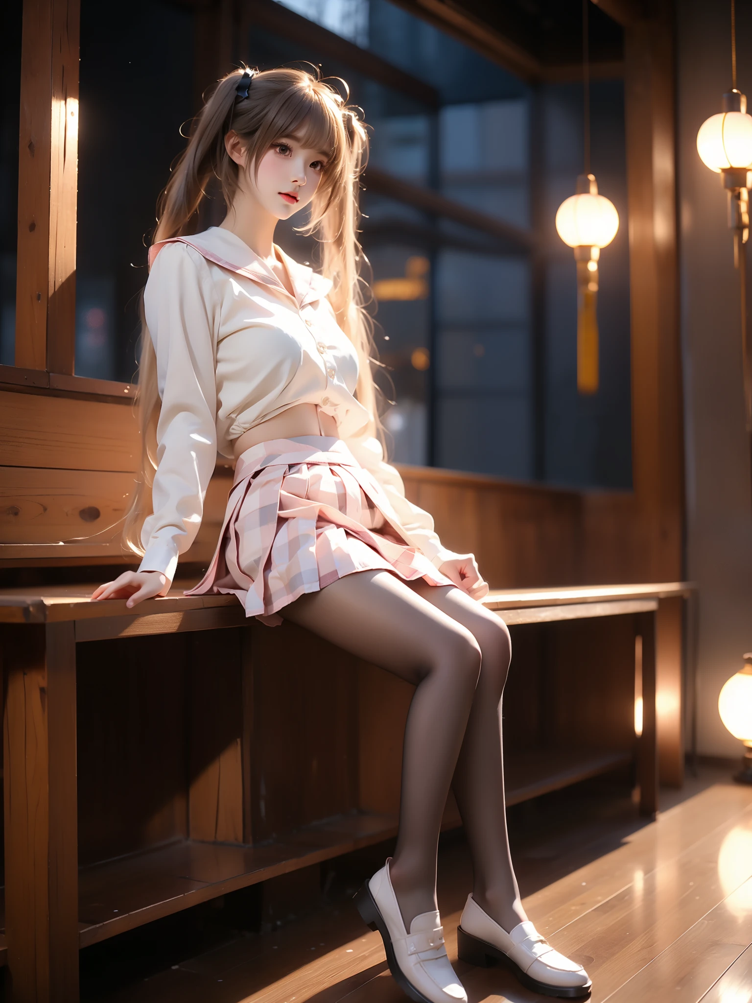 kasugano sora, 1girl, solo, cosplay,
hair ribbon, school uniform,serafuku,sailor collar, long sleeves,plaid skirt, pleated skirt, pantyhose,pink plaid,loafers,
grey hair, twintails, long hair,bangs, ahoge, ((full body)), (Asian beauty: 1.3), girl, solo, (toned body: 1.2) (naturally large breasts: 1.1), (visible cleavage: 0.8) (smooth flawless skin: 1.2), (perfect anatomical proportions: 1.3) (Naturally comfortable posture: 1.4) (anatomically correct legs: 1.3), (elegantly long legs: 1.3) 1.1) Hands gently lift the skirt (detailed features: 1.2), (big bright eyes: 1.1), (long eyelashes: 1.1) charming smile, gentle and confident expression Head slightly tilted long flowing hair (night scene: 1.1), (starry sky: 1.0), (space background: 0.9) (professional soft light: 1.2), (warm tone: 1.1) (Masterpiece: 1.4), (Super Detail: 1.3), (Sharp focus: 1.2) (Realistic: 1.2), (Hi-Fi: 1.1)