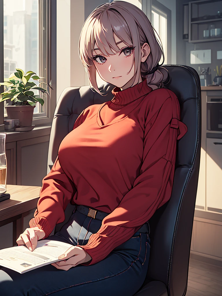 (​masterpiece, top-quality, hight resolution, Unity 8k, extremely details CG:1, Best Picture), Colour picture, Florence Nightingale (Fate), "A woman dressed in casual, everyday clothes, sitting on a chair in a simple, well-lit room. She wears a comfortable sweater, jeans, and sneakers—perfectly ordinary, like anyone you’d see on the street. However, there’s a subtle, alluring quality about her; perhaps it's the way her sweater clings to her body, or the way she sits, her posture slightly too inviting. Her makeup is understated but enhances her natural beauty, and her gaze is calm yet subtly suggestive, hinting that despite her ordinary appearance, she is not just any woman."