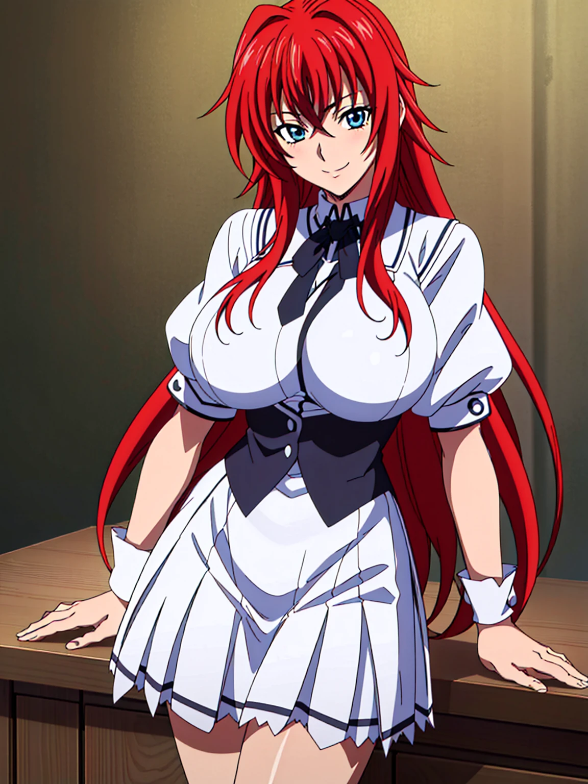 Extremely Seductive Pose , Black Cloak, black neckwear, white shirt, Short sleeves, Red pleated skirt , Sailor Cole , garden background,  Rias Gremory,   animated pov in cell style,  best quality,  high resolution, 1 woman, (Huge breasts:1.2),  beautiful face,  red hair,very long hair,  blue eyes on the desk,  cowboy shot, Smile, Blusher