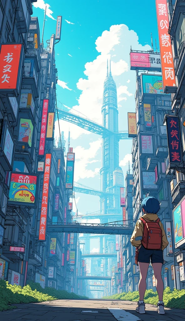 An anime-style scene in a futuristic, cyberpunk cityscape viewed from a very low angle, looking up at the towering, worn-down buildings. The buildings feature large, colorful billboards and neon signs, blending decayed urban structures with futuristic technology, some are slightly overgrown with patches of greenery. Overhead, there are interconnected bridges and wires stretching across the sky, which is bright with soft clouds. Among the tall buildings, at the bottom right corner of the image is a young girl with short, dark blue hair stands with her back to the viewer, wearing a backpack and a jacket adorned with patches. She gazes upward in awe, overwhelmed by the towering structures. The buildings are mostly situated at the left side of the image, the buildings are so tall that they disappear into the clouds in the sky. The scene is full of vibrant colors and detailed line work, typical of anime-inspired art.