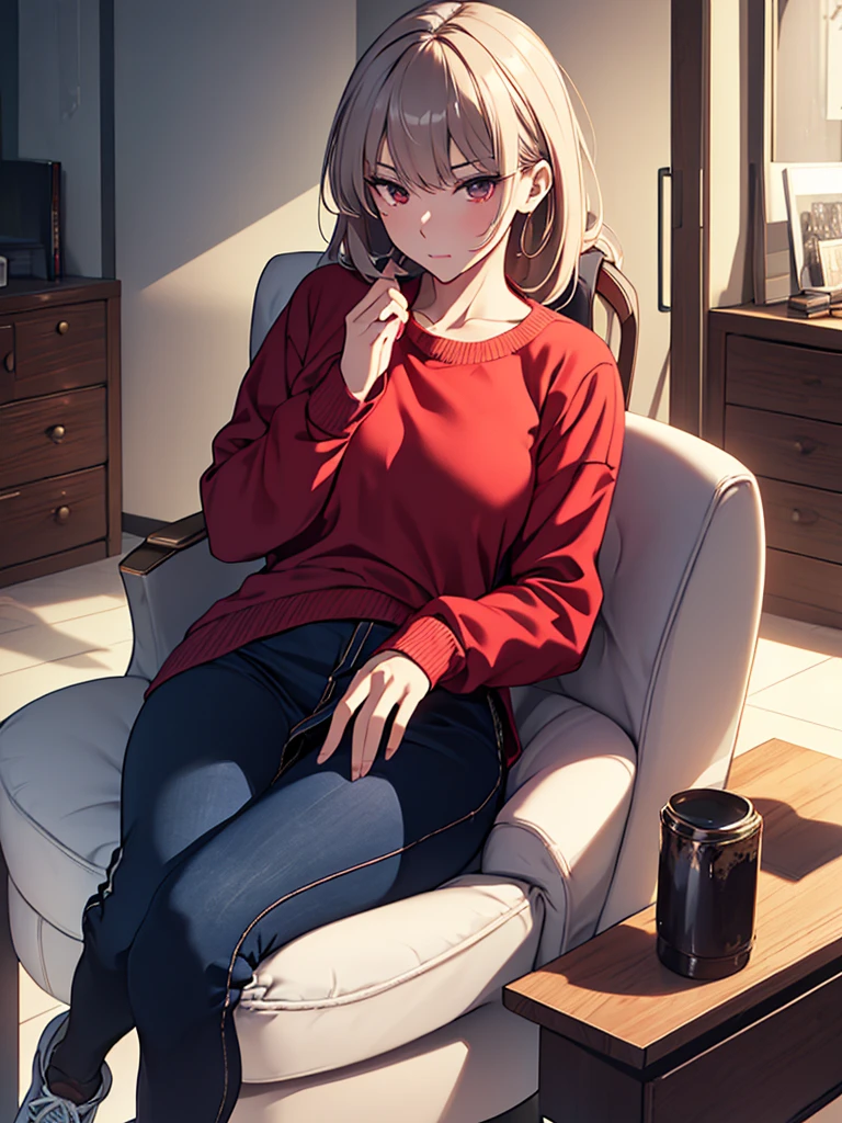 (​masterpiece, top-quality, hight resolution, Unity 8k, extremely details CG:1, Best Picture), Colour picture, Florence Nightingale (Fate), "A woman dressed in casual, everyday clothes, sitting on a chair in a simple, well-lit room. She wears a comfortable sweater, jeans, and sneakers—perfectly ordinary, like anyone you’d see on the street. However, there’s a subtle, alluring quality about her; perhaps it's the way her sweater clings to her body, or the way she sits, her posture slightly too inviting. Her makeup is understated but enhances her natural beauty, and her gaze is calm yet subtly suggestive, hinting that despite her ordinary appearance, she is not just any woman."