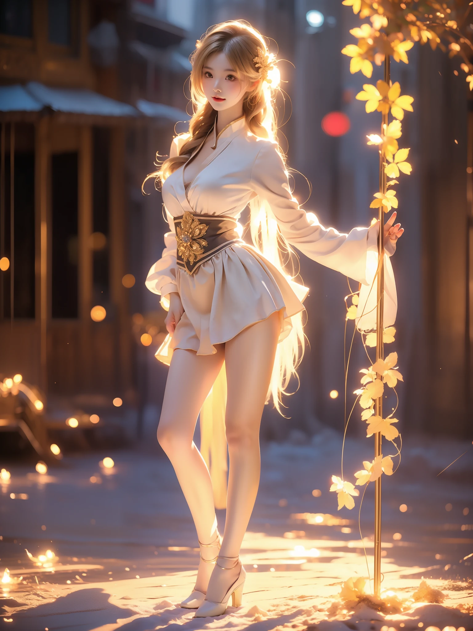 tomoe mami, magical girl,, ((full body)), (Asian beauty: 1.3), girl, solo, (toned body: 1.2) (naturally large breasts: 1.1), (visible cleavage: 0.8) (smooth flawless skin: 1.2), (perfect anatomical proportions: 1.3) (Naturally comfortable posture: 1.4) (anatomically correct legs: 1.3), (elegantly long legs: 1.3) 1.1) Hands gently lift the skirt (detailed features: 1.2), (big bright eyes: 1.1), (long eyelashes: 1.1) charming smile, gentle and confident expression Head slightly tilted long flowing hair (night scene: 1.1), (starry sky: 1.0), (space background: 0.9) (professional soft light: 1.2), (warm tone: 1.1) (Masterpiece: 1.4), (Super Detail: 1.3), (Sharp focus: 1.2) (Realistic: 1.2), (Hi-Fi: 1.1)