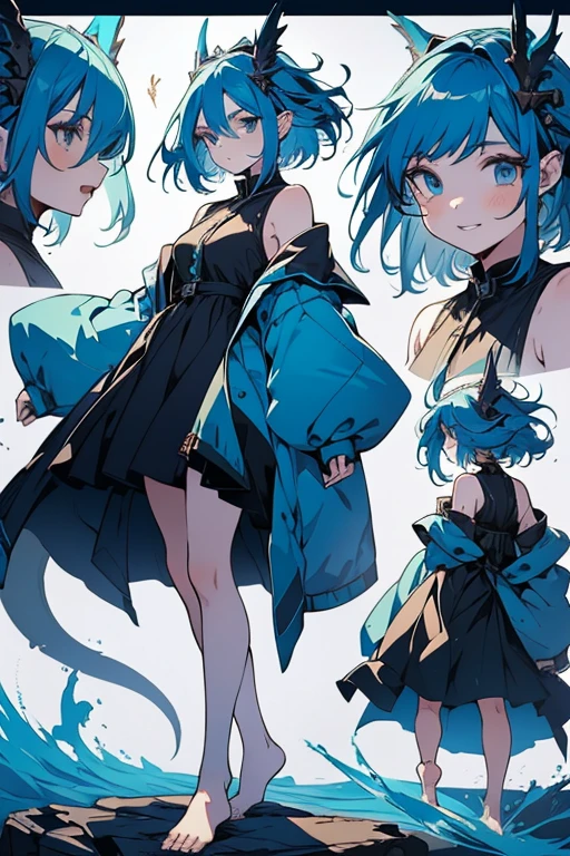 a girl, standing, show full body, 1 Character design, female, 165cm, tomboyish, spirited, water dragon, humanoid form, short blue hair, blue eyes, flowing hair, dragon motifs, blue and green clothing, barefoot, scale, reference sheet, multiple views,