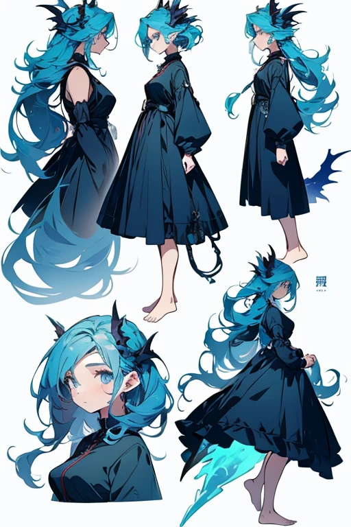 a girl, standing, show full body, 1 Character design, female, 165cm, tomboyish, spirited, water dragon, humanoid form, short blue hair, blue eyes, flowing hair, dragon motifs, blue and green clothing, barefoot, scale, reference sheet, multiple views,