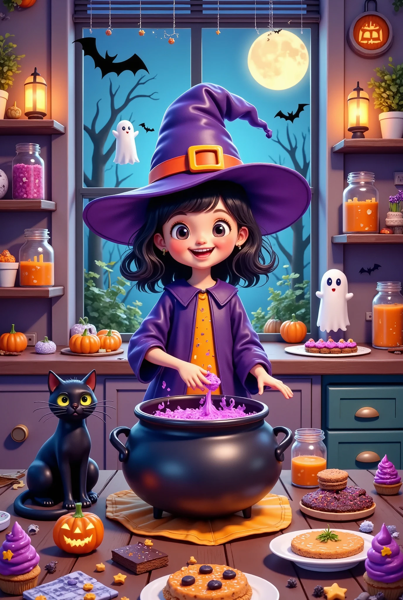 The lines should be bold and simple, with wide spaces between the lines to make it easy for s aged 4-6 to color (coloring pages), using fun and playful Halloween colors like purple, orange, and green. A charming, spooky kitchen filled with Halloween decorations. In the center, there’s a large cauldron sitting on an old stove, bubbling with a magical purple potion. The witch is stirring the potion with a large spoon, smiling, while her black cat sits on a countertop watching. There are jars filled with colorful ingredients like bat wings and spider legs on shelves, along with spooky candles casting a warm, orange glow. A table nearby is filled with Halloween treats—cupcakes, cookies, and candy apples, all decorated with bright colors. The kitchen window is wide open, showing a night sky with a full moon and stars. The ghost outside the window