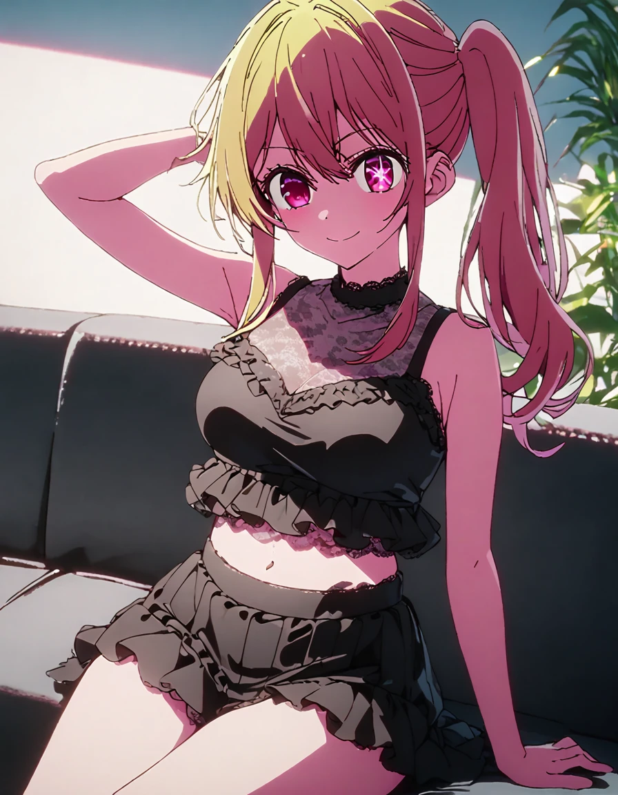 ruby hoshino, long hair, bangs, blonde hair, pink eyes, sidelocks, symbol-shaped pupils, multicolored hair, side ponytail, star-shaped pupils, two-tone hair, medium breast, (camisole:1.2), black camisole, pink line on camisole, see-through lace, see-through navel, cutout see-through cleavage, shoulder strap, frilled camisole, see-through flare panties, one arm behind head, sitting sofa, smile, looking viewer, solo, cowboy shot, best quality, high quality, ultra-detailed, high resoolution, 8K, detailed underwear, 