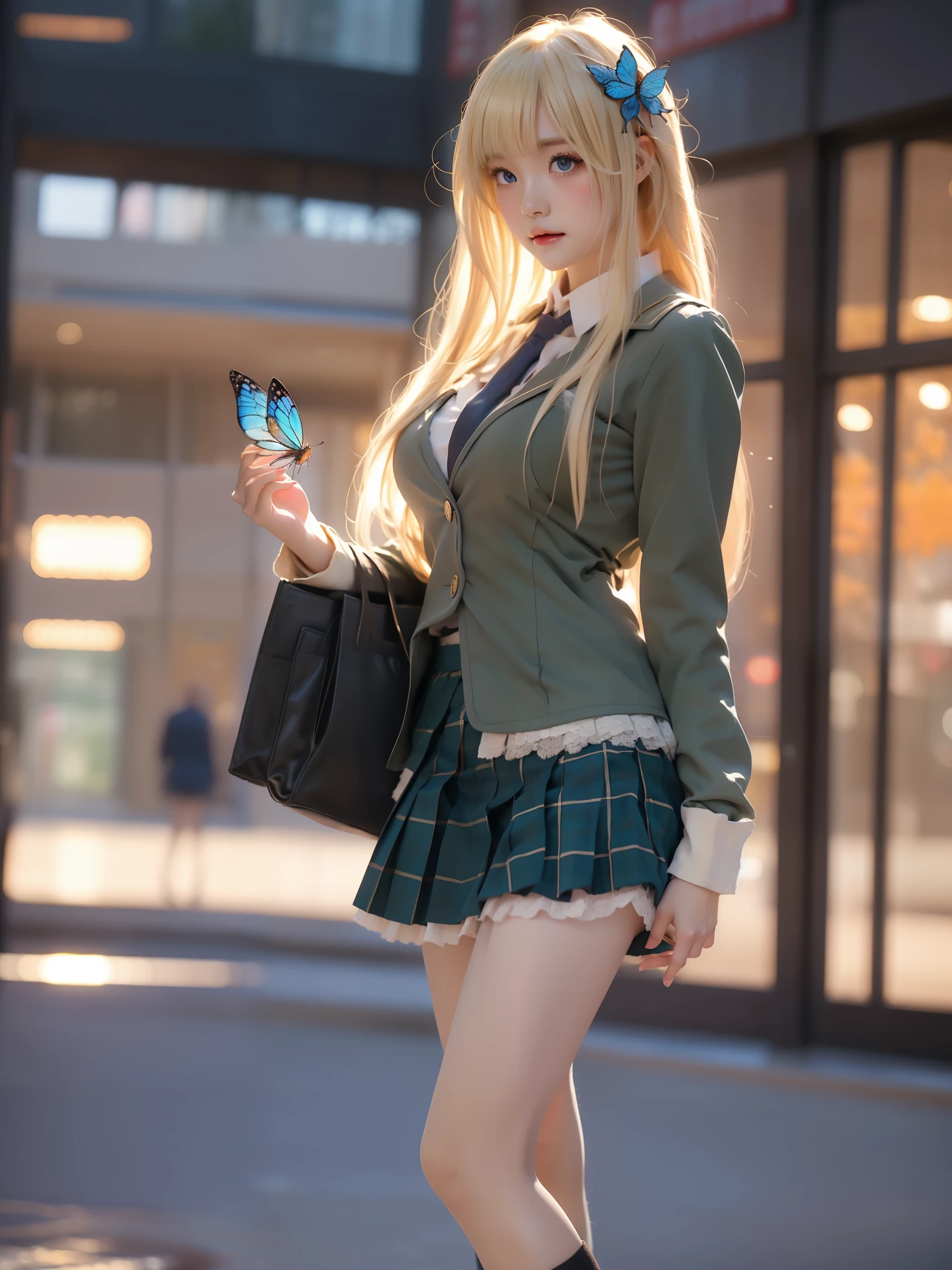 kashiwazaki Sena, 1girl, solo,cosplay,st. chronica academy school uniform
blue eyes,blonde hair, long hair, large breasts, bangs,
black socks, loafers, kneehighs, plaid skirt, butterfly hair ornament, green skirt, jacket, necktie, long sleeves, pleated skirt, blazer, khaki shirt, lace trim, ((full body)), (Asian beauty: 1.3), girl, solo, (toned body: 1.2) (naturally large breasts: 1.1), (visible cleavage: 0.8) (smooth flawless skin: 1.2), (perfect anatomical proportions: 1.3) (Naturally comfortable posture: 1.4) (anatomically correct legs: 1.3), (elegantly long legs: 1.3) 1.1) Hands gently lift the skirt (detailed features: 1.2), (big bright eyes: 1.1), (long eyelashes: 1.1) charming smile, gentle and confident expression Head slightly tilted long flowing hair (night scene: 1.1), (starry sky: 1.0), (space background: 0.9) (professional soft light: 1.2), (warm tone: 1.1) (Masterpiece: 1.4), (Super Detail: 1.3), (Sharp focus: 1.2) (Realistic: 1.2), (Hi-Fi: 1.1)