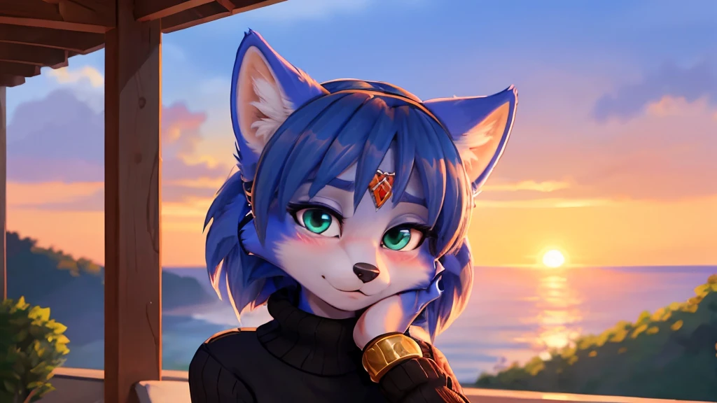 a picture of ((krystal)), Star Fox-Kristall, lovable, green eyes,   medium breasts  , (((  long blue hair 1  .3))), Decollete, anthro, blurred, Uploaded E621,  detailed  Fluffys fell,  detailed  face, (Fluffy),  1 girl, Alone,   sunset,   detailed  ,  black sweater  , black skirt, warm clothes, Fishnet stockings , shy attitude,  looks at the viewer  , Blush, bracelet with spikes, (), Score_9