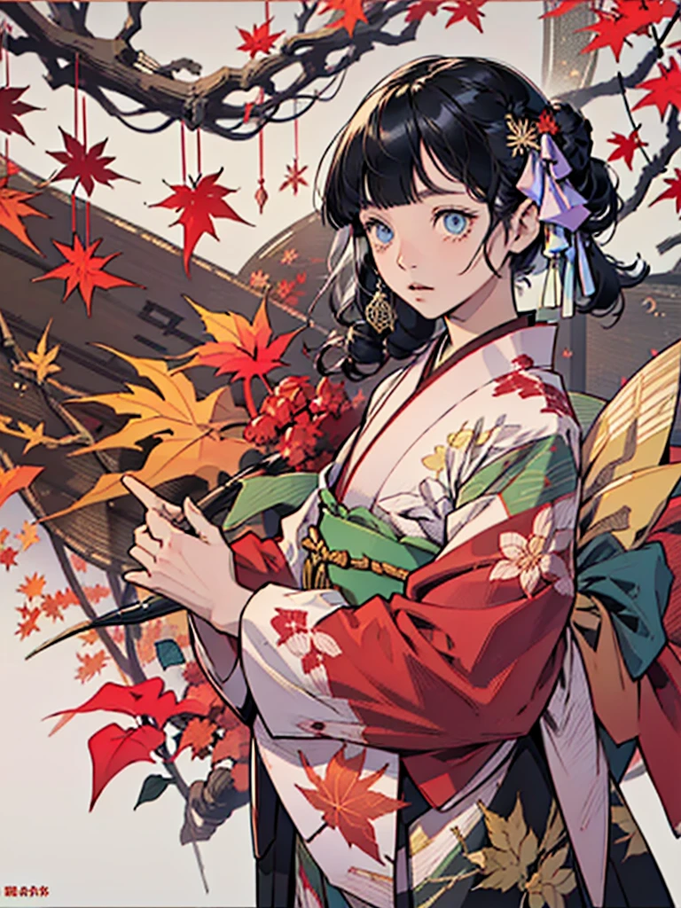 (((flat art)))、(((kimono、autumn leaves、maple、Red spider lily))),maple、(((Flat Art)))、Sword Art,(((A girl with long, straight black hair,blunt bangs))), very long hair ,, (masterpiece、Best Quality、Best Quality、Official Art、 beautiful 、aesthetic:1.2)、 , Plain Background, White background,  fantasy, detailed  fantasy,Beautiful Face,  beautiful eyes,  dark color, Center of chest (A little big), Beautiful Skin, cute, very delicate and beautiful , ( beautiful 細部までこだわった顔:1.0), (detailed Deep Eyes), Deep Eyes,  Shiny Skin , Portraiture, , young, ,{{ Beautiful Finger Details }}, hair, A moderately beautiful chest:1.0,(masterpiece:1.2), Best Quality,  Kampala,  Kampala,  perfect face,,(((maple)))