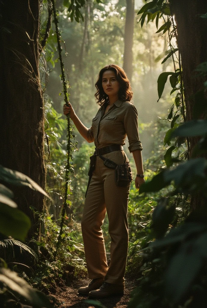  A classic Panavision-style movie scene from the 1950s inspired by Tarzan. In the center is_but_ , an adventurous adult woman with a vintage look :  dark, wavy hair styled in loose curls ,   wearing an outfit. mid-century safari with a touch of glamor  .  Standing in a lush jungle  ,   sure of herself holding a creeper with one hand  ,   with a sense of wonder and strength in her posture  .   The background reveals trees imposing and wild flora typical of the deep jungle  ,   rendered in a large format to highlight the aesthetics of Panavision  .   The color palette is warm  ,   golden shades of sunlight peeking out among the dense vegetation  ,  , emphasizing the cinematic environment of the time  ."