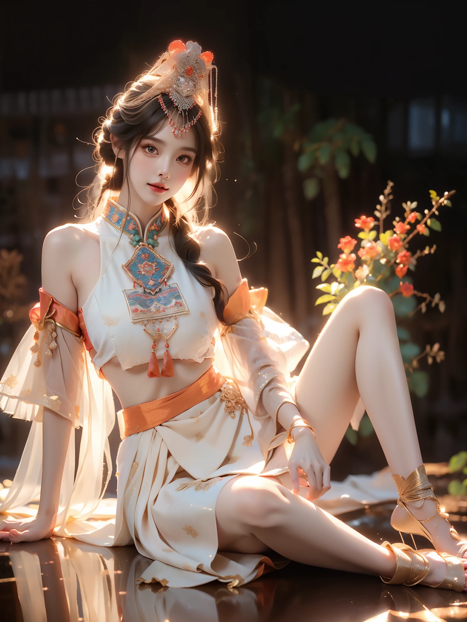 guqinghan,fhz,
hat,hair ornament,hat tassel, chinese clothes, traditional clothes, bare shoulders,dress, detached sleeves, jewelry, print clothes,, ((full body)), (Asian beauty: 1.3), girl, solo, (toned body: 1.2) (naturally large breasts: 1.1), (visible cleavage: 0.8) (smooth flawless skin: 1.2), (perfect anatomical proportions: 1.3) (Naturally comfortable posture: 1.4) (anatomically correct legs: 1.3), (elegantly long legs: 1.3) 1.1) Hands gently lift the skirt (detailed features: 1.2), (big bright eyes: 1.1), (long eyelashes: 1.1) charming smile, gentle and confident expression Head slightly tilted long flowing hair (night scene: 1.1), (starry sky: 1.0), (space background: 0.9) (professional soft light: 1.2), (warm tone: 1.1) (Masterpiece: 1.4), (Super Detail: 1.3), (Sharp focus: 1.2) (Realistic: 1.2), (Hi-Fi: 1.1)