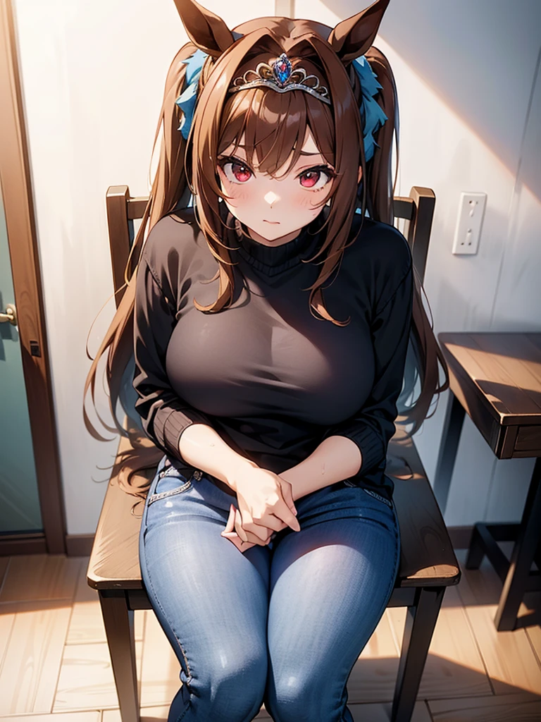 (​masterpiece、top-quality、hight resolution、Unity 8k、extremely details CG:1,Best Picture),((Erotic model, Masturbation material)), large breasts, Daiwa Scarlet (Uma Musume), (((tiara))), brown hair, hair intake, long hair, twintails, (horse ears, horse girl, red eyes), "A woman dressed in casual, everyday clothes, sitting on a chair in a simple, well-lit room. She wears a comfortable sweater, jeans, and sneakers—perfectly ordinary, like anyone you’d see on the street. However, there’s a subtle, alluring quality about her; perhaps it's the way her sweater clings to her body, or the way she sits, her posture slightly too inviting. Her makeup is understated but enhances her natural beauty, and her gaze is calm yet subtly suggestive, hinting that despite her ordinary appearance, she is not just any woman."