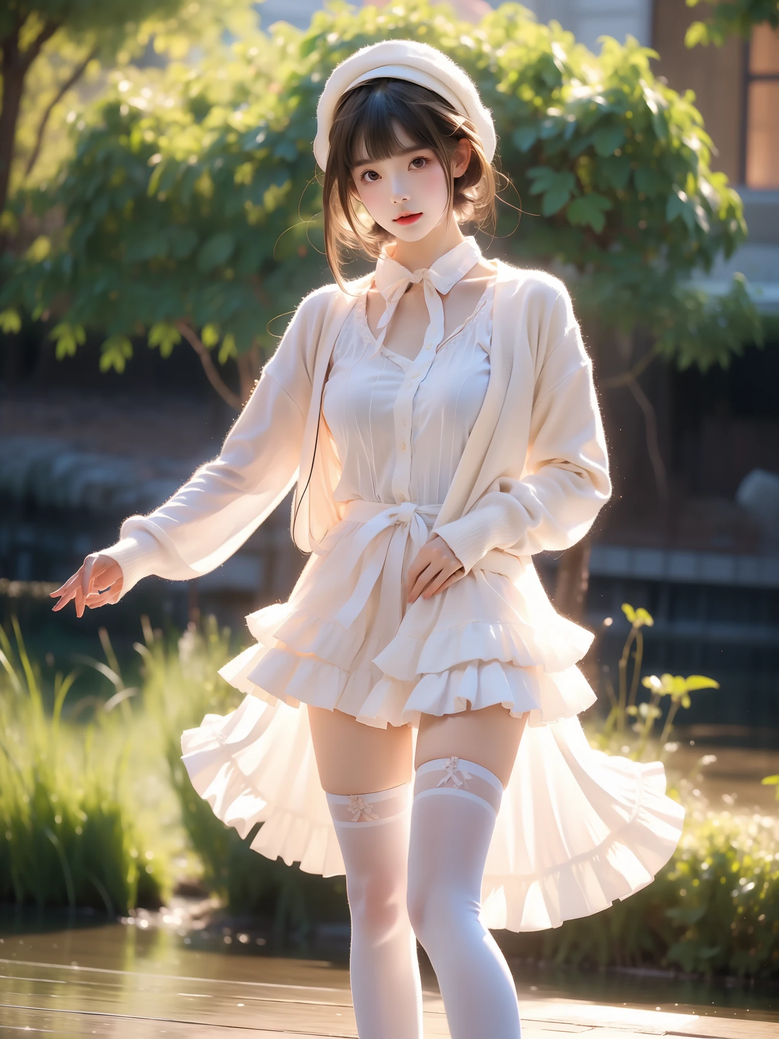 kato megumi, 1girl, solo, katou megumi, cosplay, white hat,frills thighhighs, dress, cardigan, skirt,long sleeves,blue neck ribbon,beret, headwear, open cardigan,red cardigan, frilled trim, loafers, short hair, blunt bangs, bob cut, , ((full body)), ((Standing, dance position)), (Asian beauty: 1.3), girl, solo, (toned body: 1.2) (naturally large breasts: 1.1), (visible cleavage: 0.8) (smooth flawless skin: 1.2), (perfect anatomical proportions: 1.3) (Naturally comfortable posture: 1.4) (anatomically correct legs: 1.3), (elegantly long legs: 1.3) 1.1) Hands gently lift the skirt (detailed features: 1.2), (big bright eyes: 1.1), (long eyelashes: 1.1) charming smile, gentle and confident expression Head slightly tilted long flowing hair (night scene: 1.1), (starry sky: 1.0), (space background: 0.9) (professional soft light: 1.2), (warm tone: 1.1) (Masterpiece: 1.4), (Super Detail: 1.3), (Sharp focus: 1.2) (Realistic: 1.2), (Hi-Fi: 1.1)