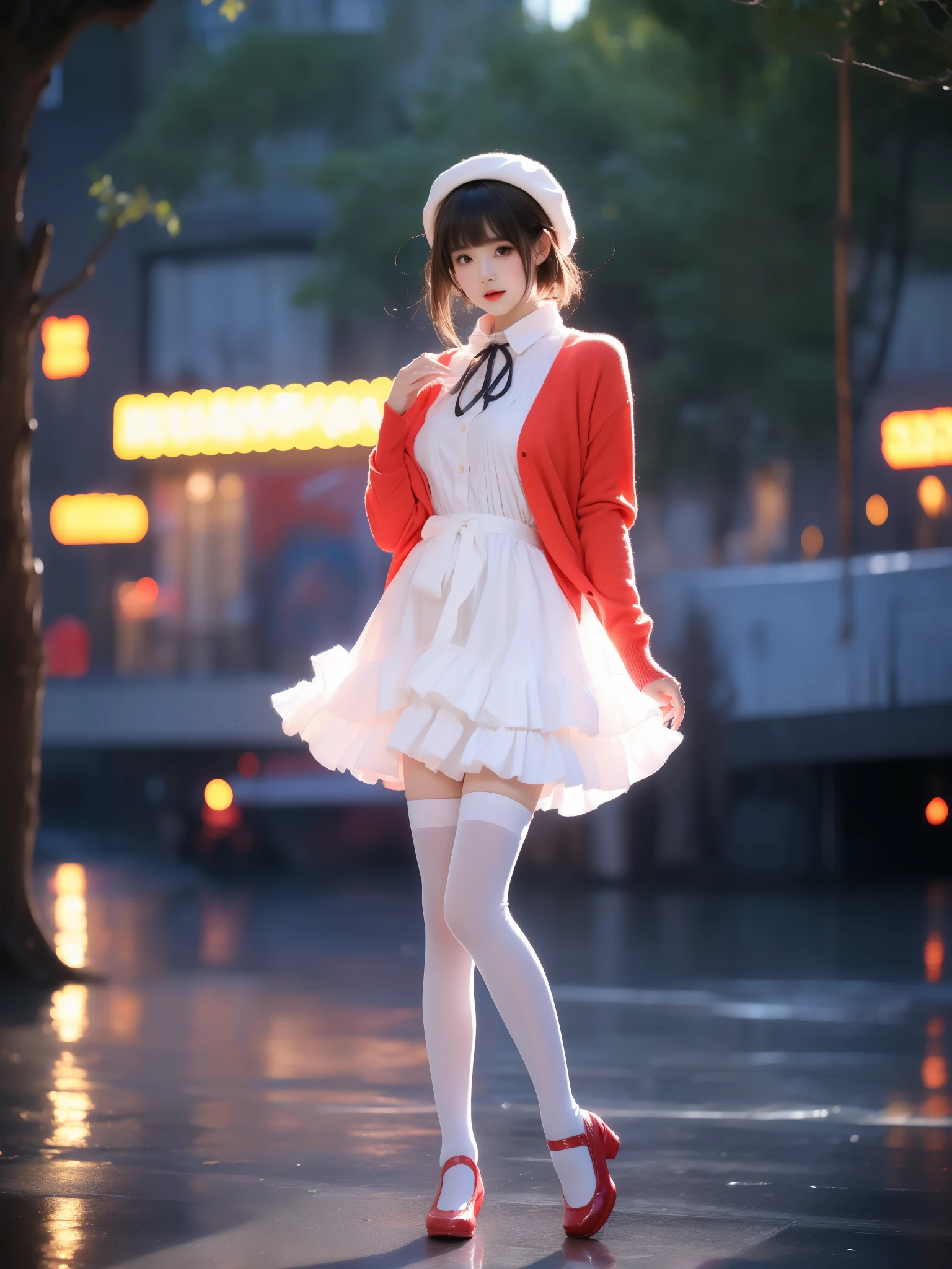 kato megumi, 1girl, solo, katou megumi, cosplay, white hat,frills thighhighs, dress, cardigan, skirt,long sleeves,blue neck ribbon,beret, headwear, open cardigan,red cardigan, frilled trim, loafers, short hair, blunt bangs, bob cut, , ((full body)), ((Standing, dance position)), (Asian beauty: 1.3), girl, solo, (toned body: 1.2) (naturally large breasts: 1.1), (visible cleavage: 0.8) (smooth flawless skin: 1.2), (perfect anatomical proportions: 1.3) (Naturally comfortable posture: 1.4) (anatomically correct legs: 1.3), (elegantly long legs: 1.3) 1.1) Hands gently lift the skirt (detailed features: 1.2), (big bright eyes: 1.1), (long eyelashes: 1.1) charming smile, gentle and confident expression Head slightly tilted long flowing hair (night scene: 1.1), (starry sky: 1.0), (space background: 0.9) (professional soft light: 1.2), (warm tone: 1.1) (Masterpiece: 1.4), (Super Detail: 1.3), (Sharp focus: 1.2) (Realistic: 1.2), (Hi-Fi: 1.1)