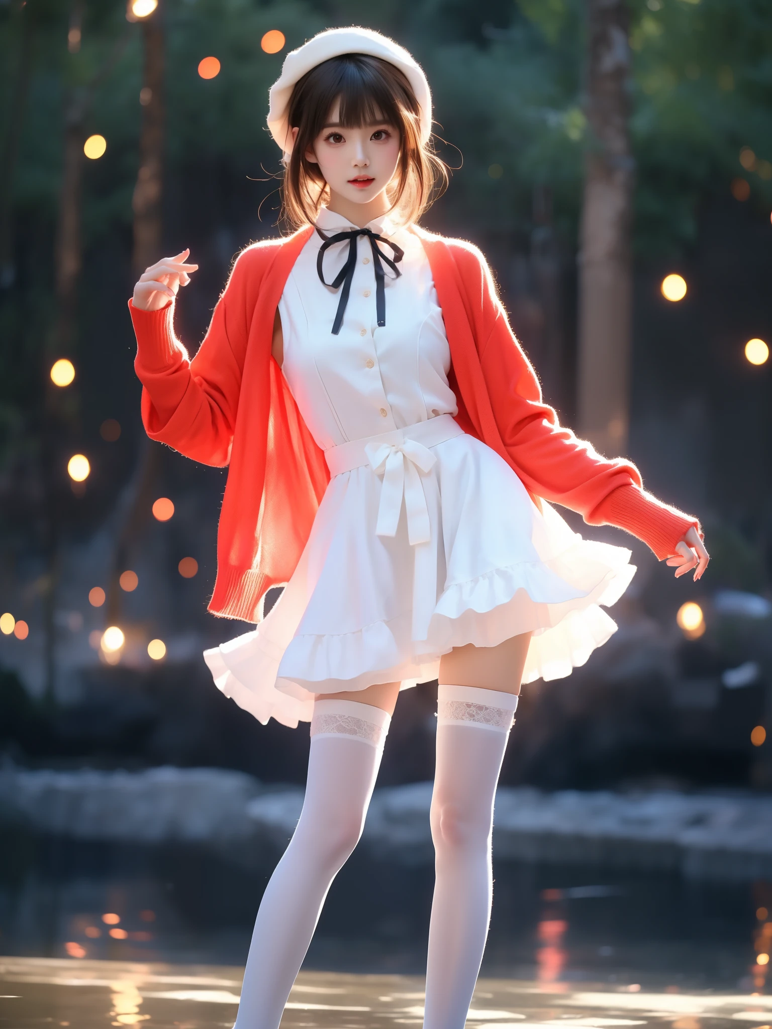 kato megumi, 1girl, solo, katou megumi, cosplay, white hat,frills thighhighs, dress, cardigan, skirt,long sleeves,blue neck ribbon,beret, headwear, open cardigan,red cardigan, frilled trim, loafers, short hair, blunt bangs, bob cut, , ((full body)), ((Standing, dance position)), (Asian beauty: 1.3), girl, solo, (toned body: 1.2) (naturally large breasts: 1.1), (visible cleavage: 0.8) (smooth flawless skin: 1.2), (perfect anatomical proportions: 1.3) (Naturally comfortable posture: 1.4) (anatomically correct legs: 1.3), (elegantly long legs: 1.3) 1.1) Hands gently lift the skirt (detailed features: 1.2), (big bright eyes: 1.1), (long eyelashes: 1.1) charming smile, gentle and confident expression Head slightly tilted long flowing hair (night scene: 1.1), (starry sky: 1.0), (space background: 0.9) (professional soft light: 1.2), (warm tone: 1.1) (Masterpiece: 1.4), (Super Detail: 1.3), (Sharp focus: 1.2) (Realistic: 1.2), (Hi-Fi: 1.1)