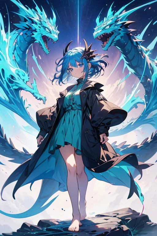 a girl, standing, show full body, 1 Character design, female, 165cm, tomboyish, spirited, water dragon, humanoid form, short blue hair, blue eyes, flowing hair, dragon motifs, blue and green clothing, barefoot, scale, reference sheet, multiple views,
