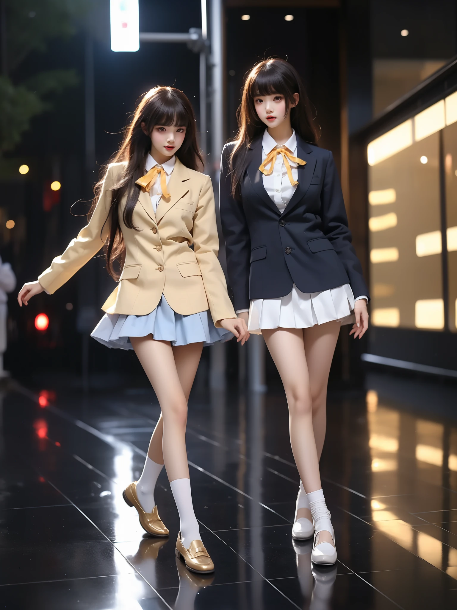 gokou ruri, 1girl, solo, cosplay, school uniform,
very long hair, blunt bangs, straight hair, hime cut,
long sleeves,blazer,coat, collared shirt, yellow ribbon, pleated skirt, socks, loafers,, ((full body)), ((Standing, dance position)), (Asian beauty: 1.3), girl, solo, (toned body: 1.2) (naturally large breasts: 1.1), (visible cleavage: 0.8) (smooth flawless skin: 1.2), (perfect anatomical proportions: 1.3) (Naturally comfortable posture: 1.4) (anatomically correct legs: 1.3), (elegantly long legs: 1.3) 1.1) Hands gently lift the skirt (detailed features: 1.2), (big bright eyes: 1.1), (long eyelashes: 1.1) charming smile, gentle and confident expression Head slightly tilted long flowing hair (night scene: 1.1), (starry sky: 1.0), (space background: 0.9) (professional soft light: 1.2), (warm tone: 1.1) (Masterpiece: 1.4), (Super Detail: 1.3), (Sharp focus: 1.2) (Realistic: 1.2), (Hi-Fi: 1.1)