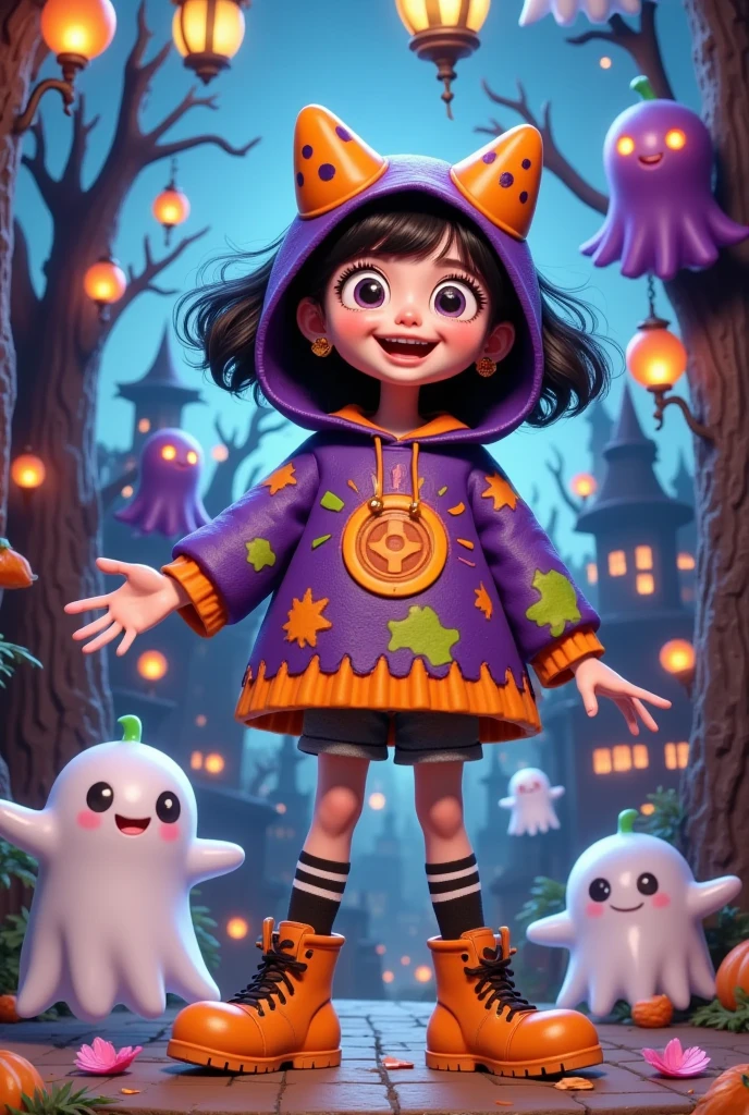  Draw a   (cute and whimsical Halloween character:1.3) In one (Monster costumes:1.2) Surrounded ( friendly ghost :1.15) and ( Mysterious Creatures :1.1)  , using vivid and ( fantastic colors:1.2), In one (2:3. Aspect Ratio:1.1)