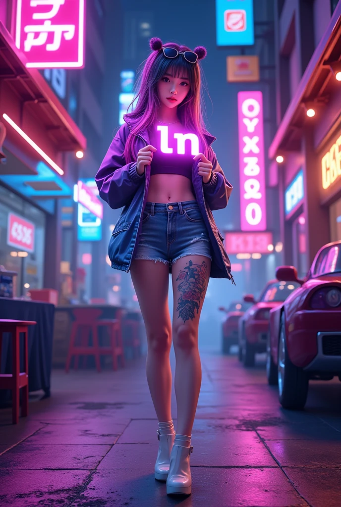 1 woman, Long multi-colored hair, Fashion hair tie , Sunglasses on my hair,  light-emitting clothing , Neon, high-heels,  tattoo on the thigh , stand, stance, Hold a light sign in hand., ป้ายไฟNeonเขียนด้วย "ln", Anime, Wide angle view,  high-definition vivid images,  intricate detail, 3D dimensions, 3D rendering, realistic, cyberpunk style outfit, 