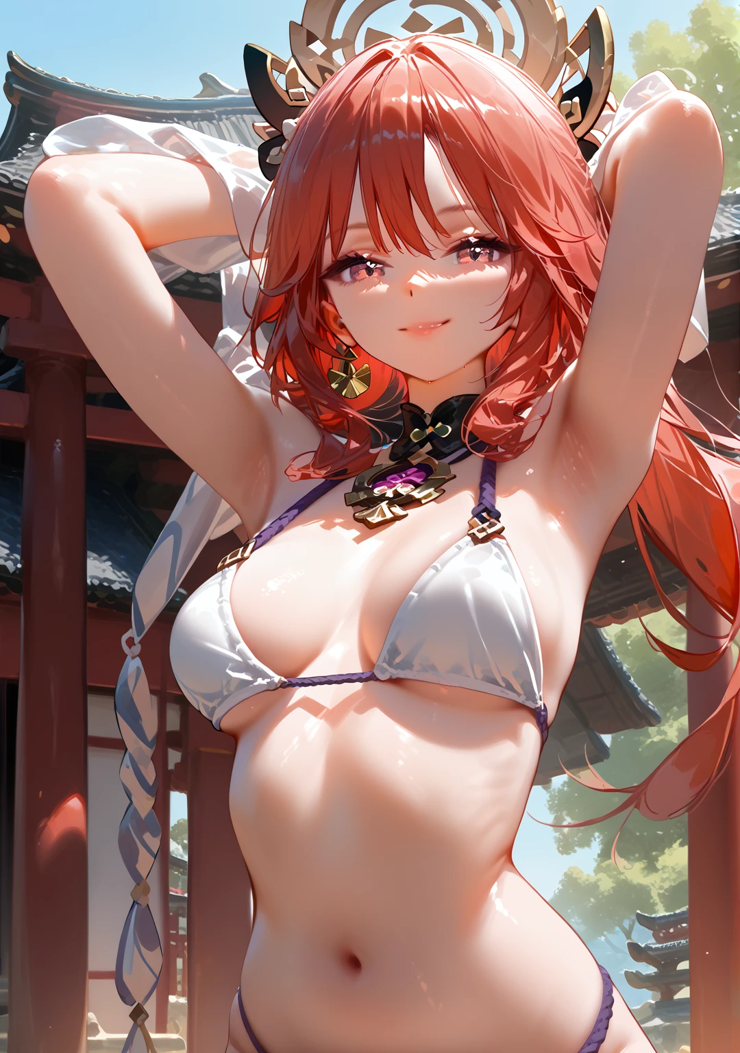 masterpiece, 8k, high resolution, shrine, semi-realistic, 1 girl, portrait 3:4, (high detailed face), (bikini), (detailed hands, no bad hands, No bad fingers),armpits, arms up, (hands behind the head), smile, looking at viewer, dynamic, medium breasts, sexy, perfect body, perfect legs, Xilonen (genshin_impact), genshin_impact, puffy breasts,sexy hot,