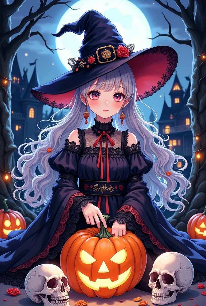 Anime 1girl witch, Halloween , night, dark, moonlight, skull, pumpkin