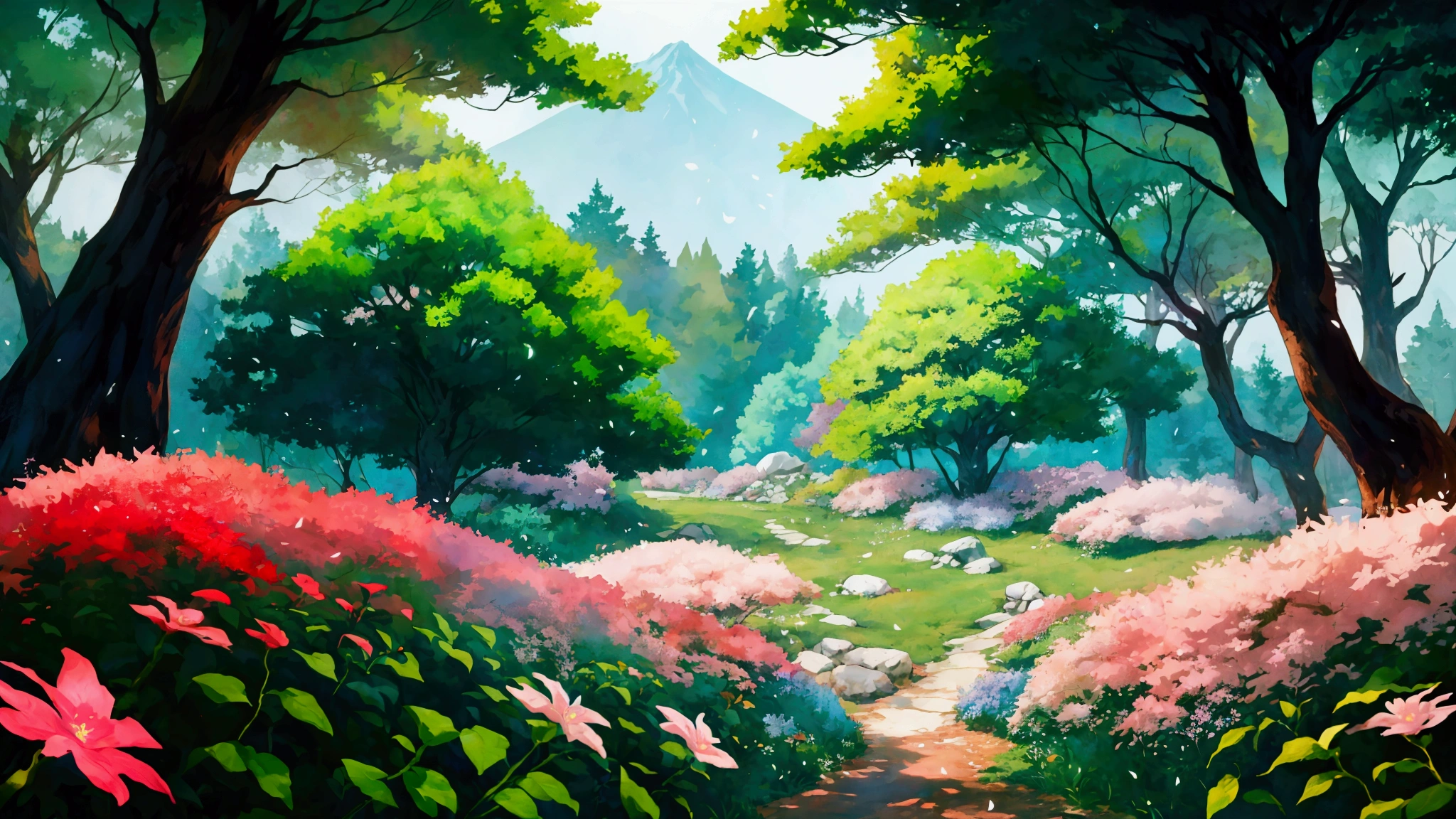 Glowing Forest Cozy Day Sparkling ,morning , Lofi anime style , landscape , natural , Small, beautiful, glowing flowers ,japanese