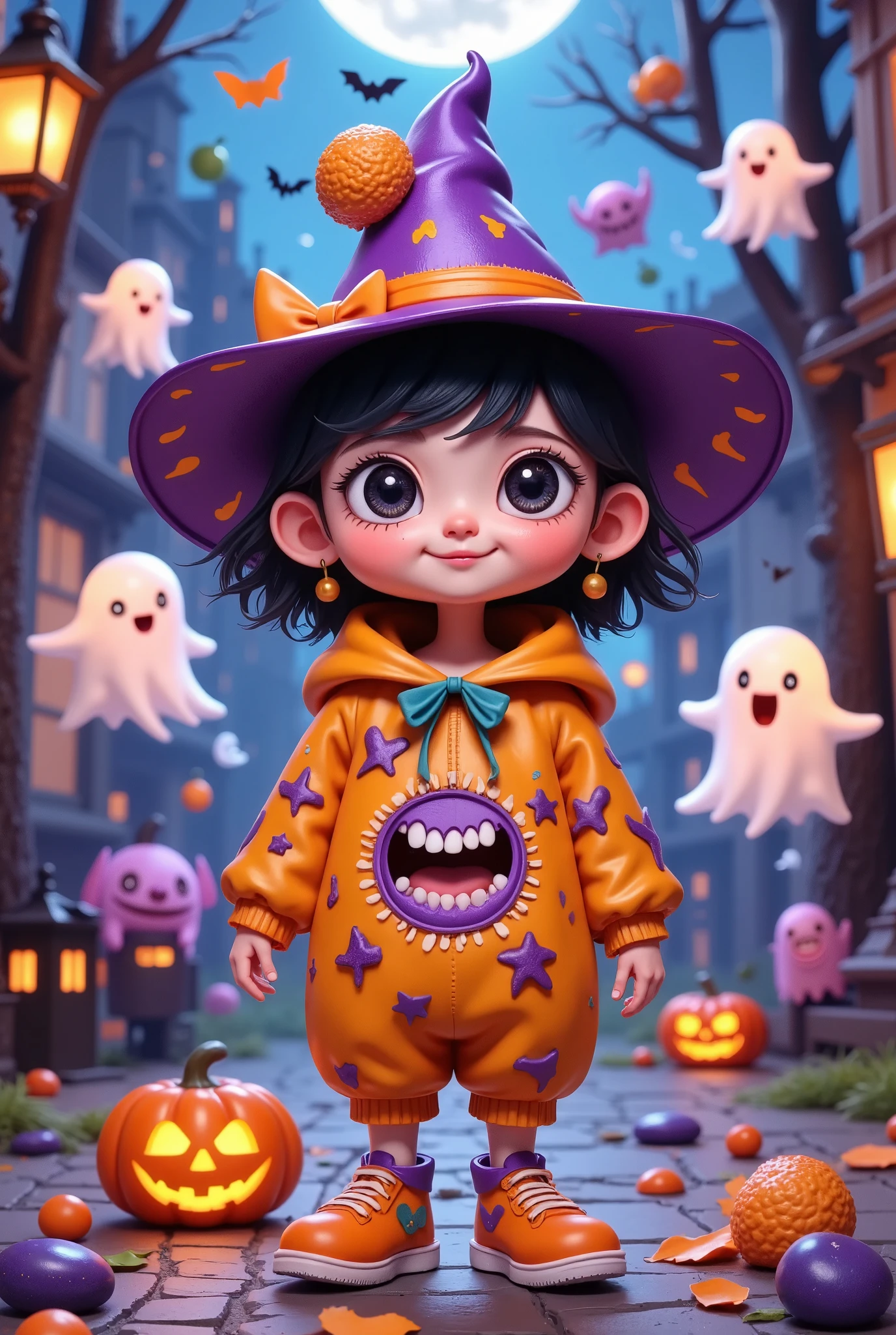 Draw a (cute and whimsical Halloween character:1.3) In one (Monster costumes:1.2) Surrounded ( friendly ghost :1.15) and ( Mysterious Creatures :1.1) , using vivid and ( fantastic colors:1.2),