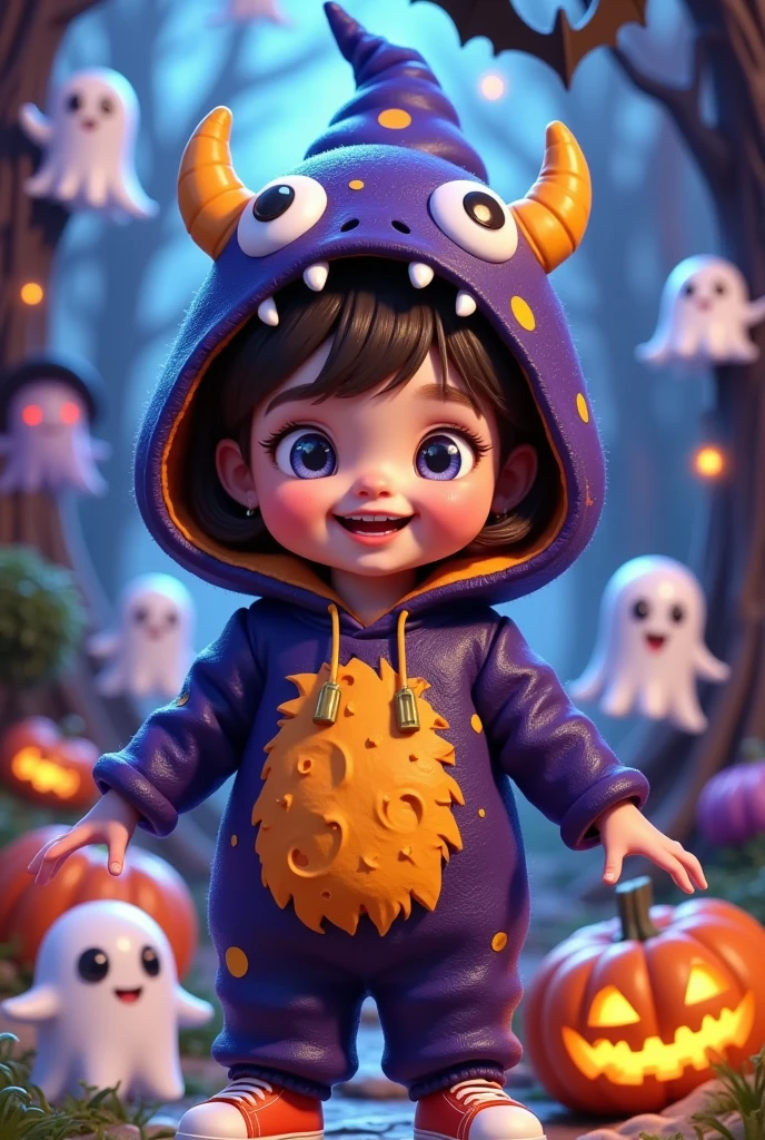  Draw a   (cute and whimsical Halloween character:1.3) In one (Monster costumes:1.2) Surrounded ( friendly ghost :1.15) and ( Mysterious Creatures :1.1)  , using vivid and ( fantastic colors:1.2), 